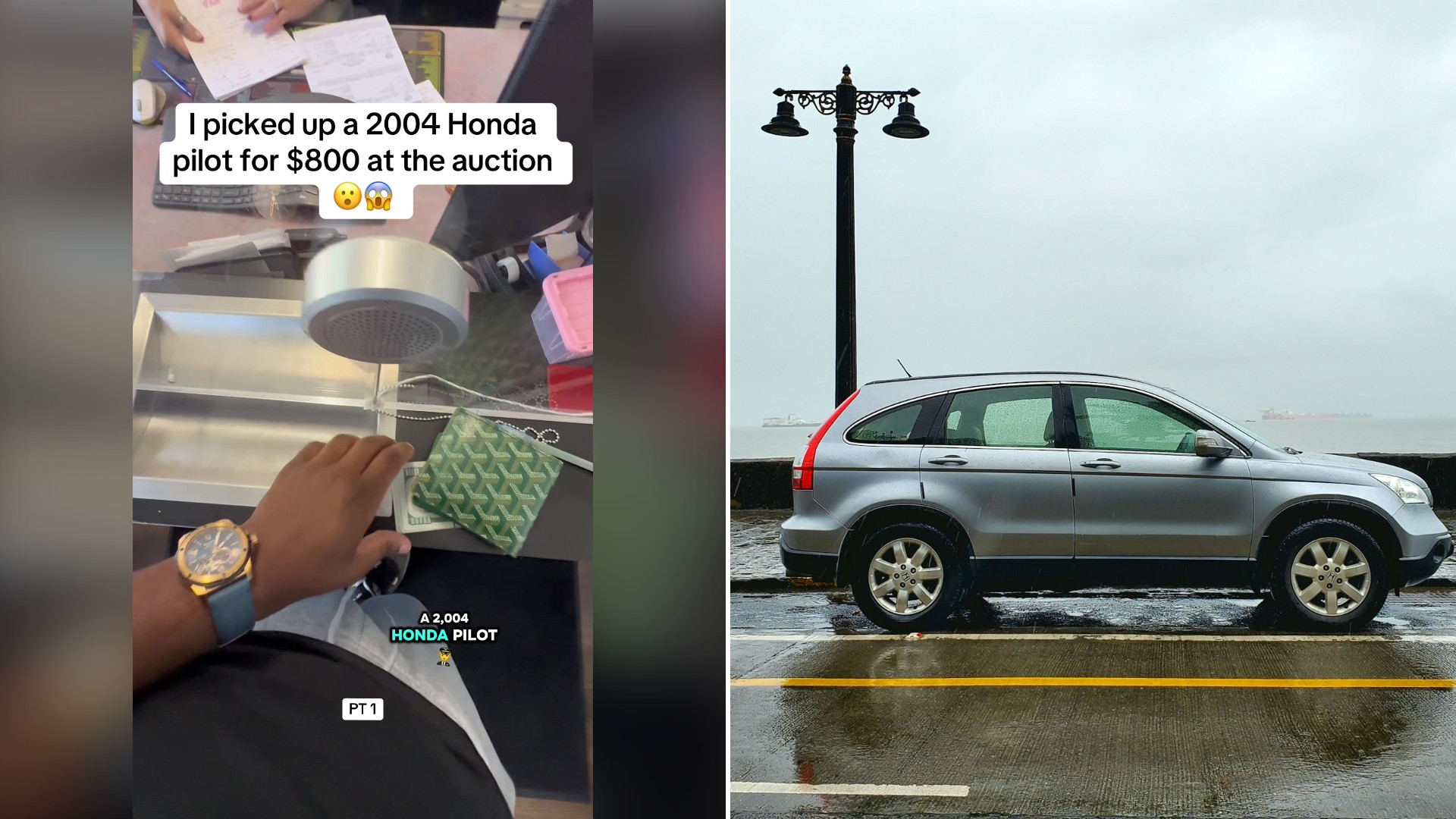 Split image with the cover of @thegoldenwealth's TikTok video, where a hand wearing a gold watch holds a green wallet at a counter under the words 'I picked up a 2004 Honda pilot for $800 at the auction', on the left and an Unsplash photo by Kushan Pancholi on the right showing a gray SUV on an asphalt road