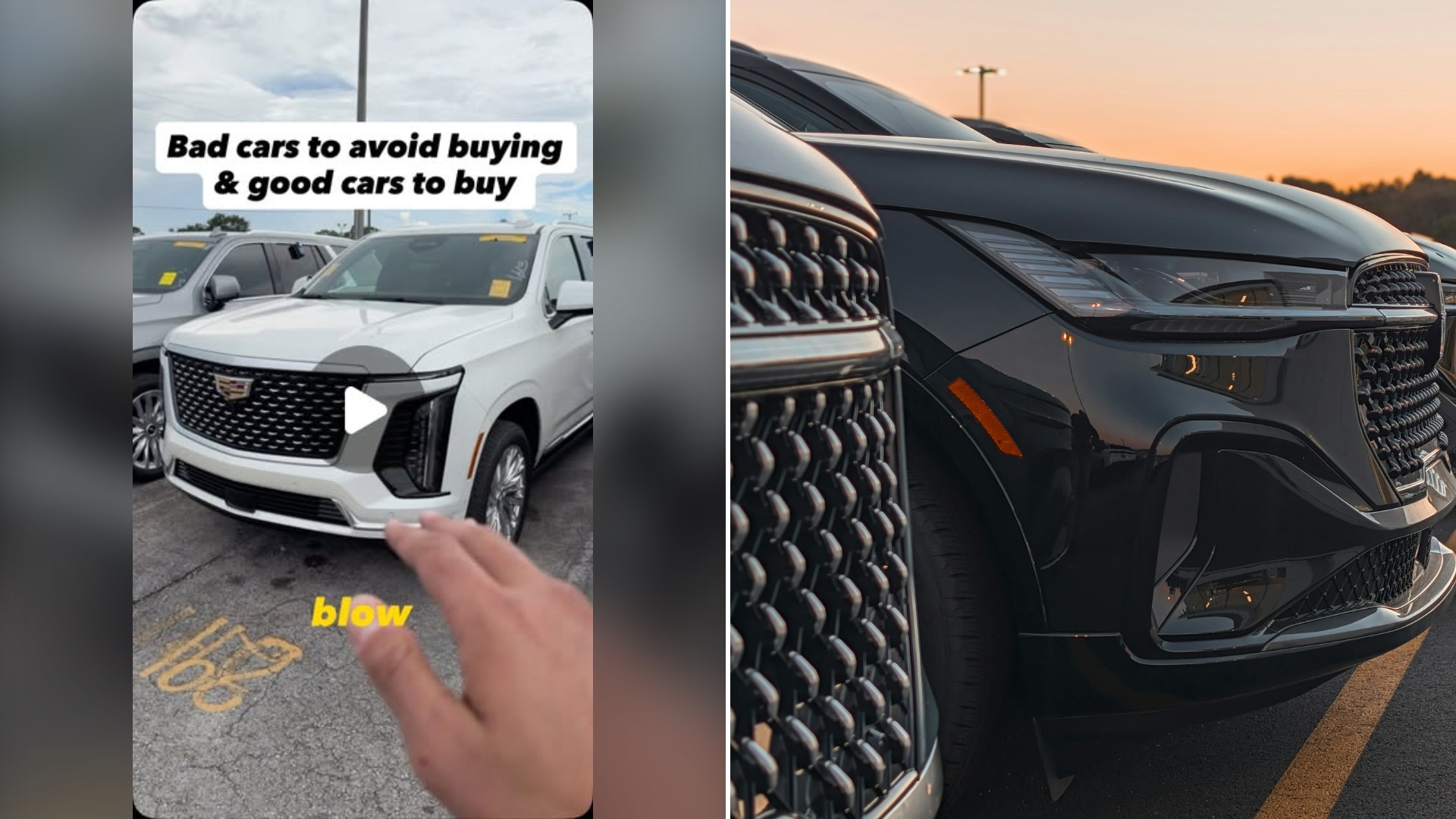 Split image with the cover of @textomar's Instagram reel, where a white Cadillac SUV on a lot with a hand pointing at it under the words 'Bad cars to avoid buying & good cars to buy', on the left and an Unsplash photo by Obi on the right showing a row of black Lincoln SUVs on a dealership lot at dusk
