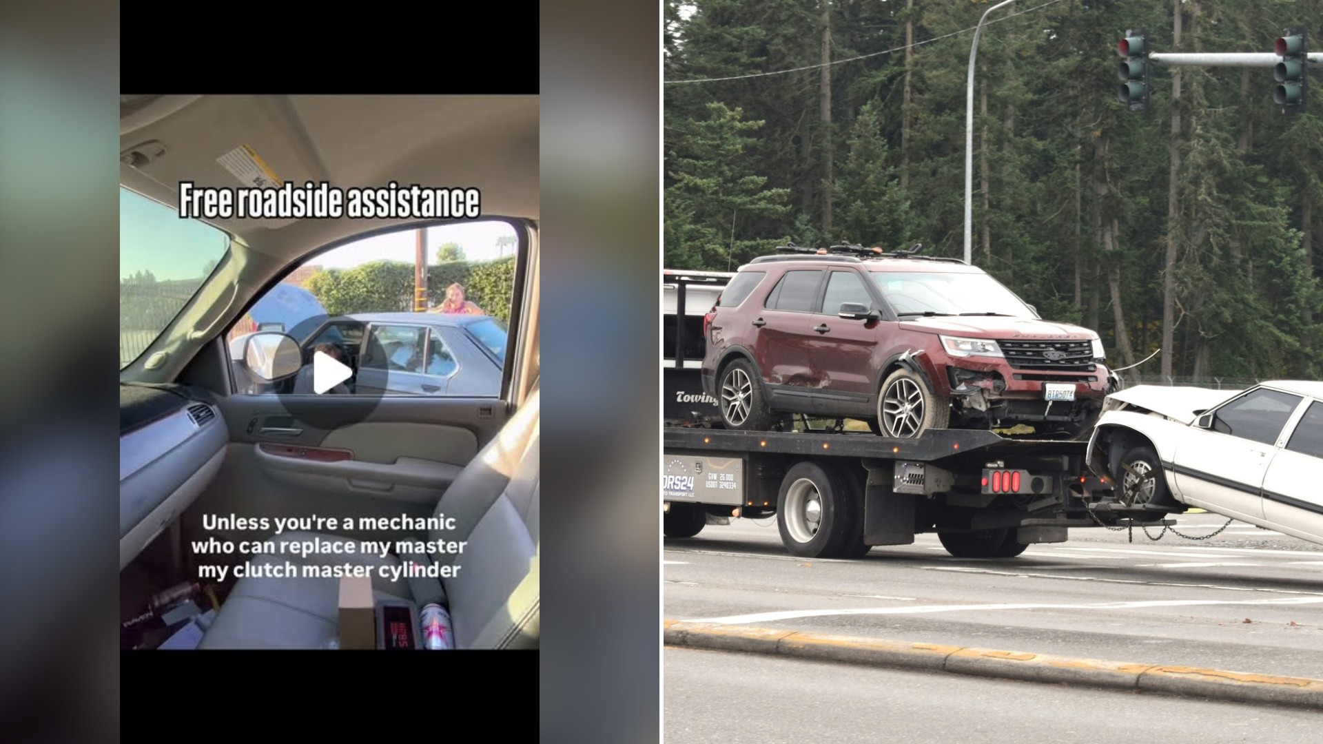 Split image with the cover of @curbside_brakes_bakersfield's Instagram reel, where a view from inside an SUV through the open door under the words 'Free roadside assistance' and 'Unless you're a mechanic who can replace my master my clutch master cylinder', on the left and an Unsplash photo by fr0ggy5 on the right showing a tow truck towing a car on the road
