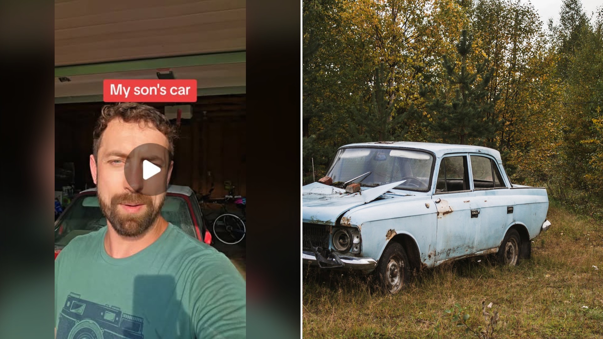 Split image with the cover of @dougweaverart's Instagram reel, where a bearded man in a green shirt speaks to the camera in a garage with a red car behind him under the words 'My son's car', on the left and an Unsplash photo by andry star on the right showing an old blue car parked in a field