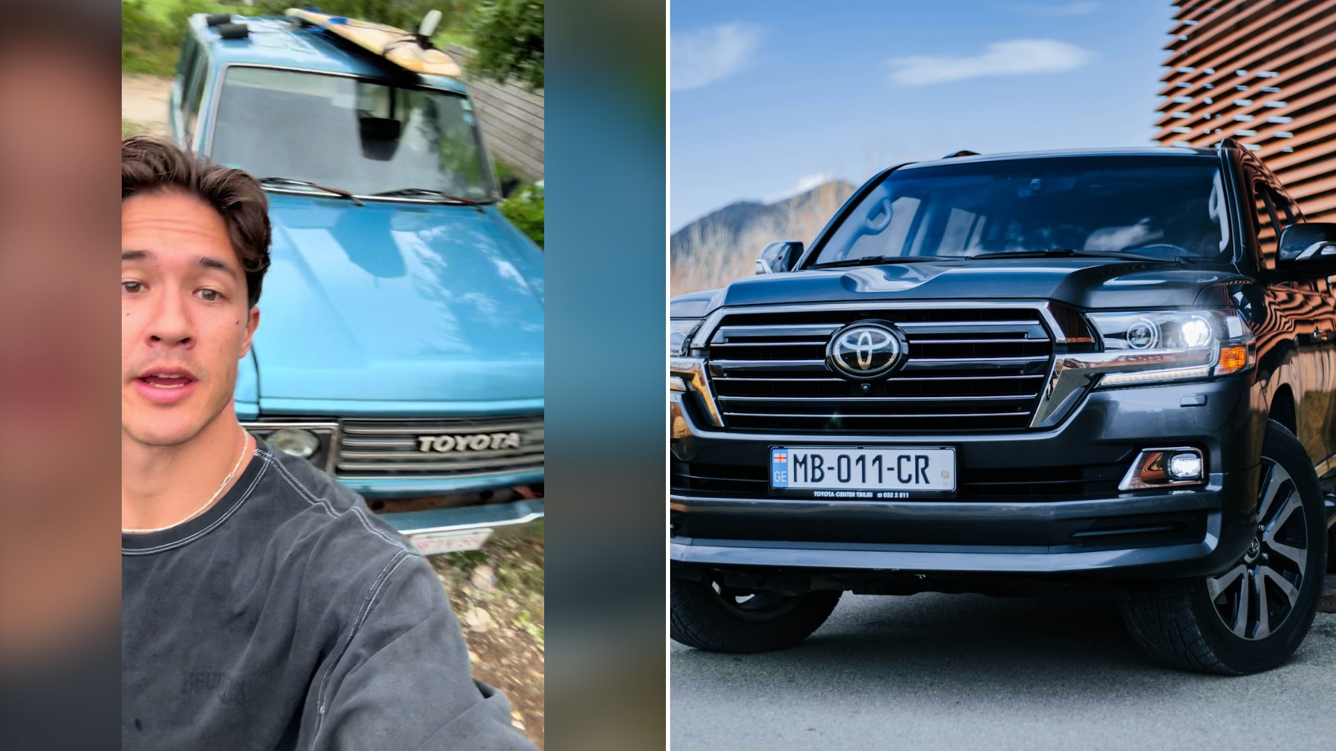 Split image with the cover of @carl.witness.lee's TikTok video, where he takes a selfie in front of a light blue Toyota pickup with a surfboard on the roof, on the left and an Unsplash photo by Tim Vegas on the right showing a black Toyota Land Cruiser parked in front of a building