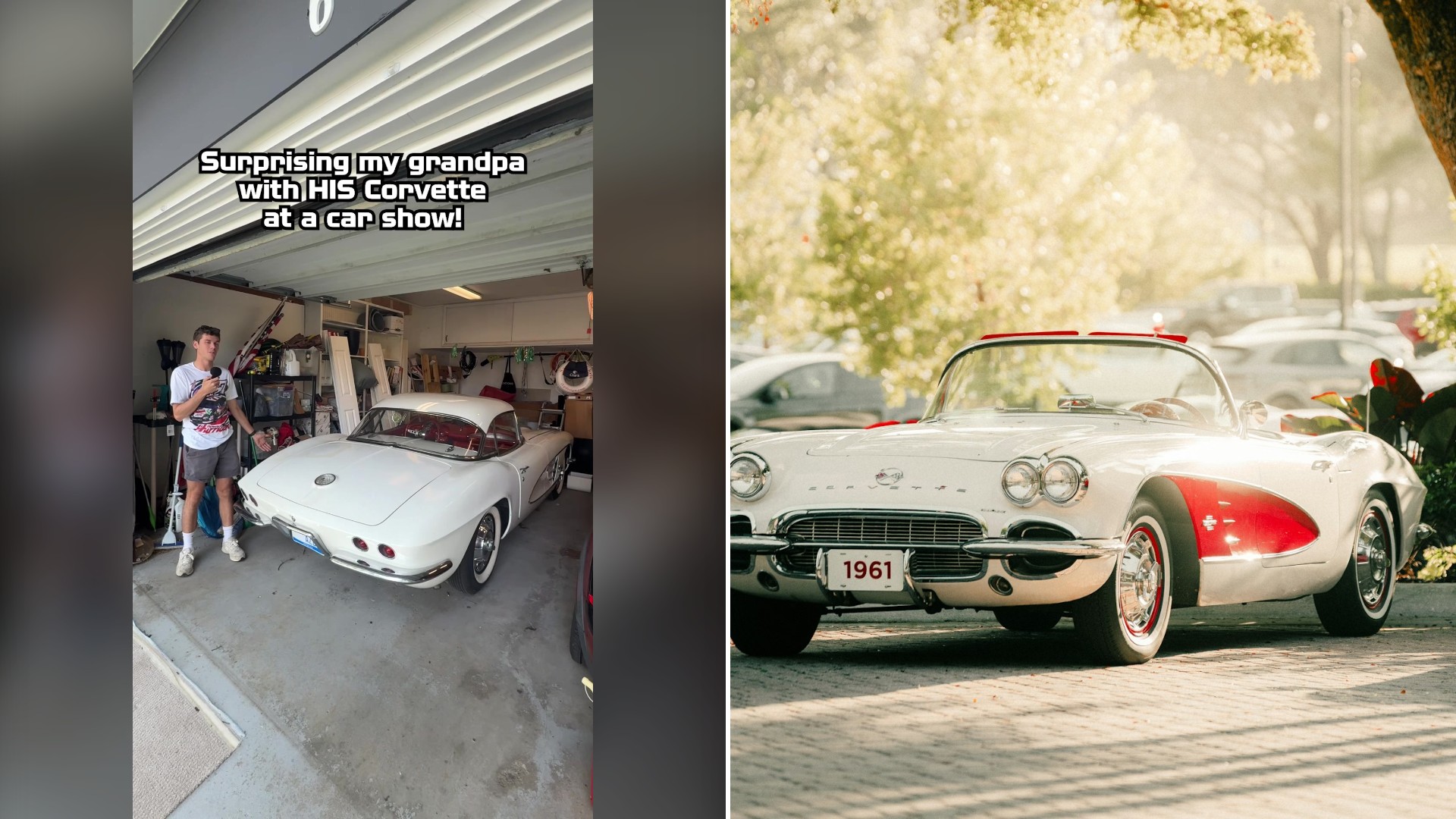 Split image with the cover of @documenting_my_cars's TikTok video, where a young man in a white shirt stands in a garage beside a white Corvette convertible under the words 'Surprising my grandpa with HIS Corvette at a car show!', on the left and an Unsplash photo by Elianna Gill on the right showing a classic white Corvette convertible parked outdoors