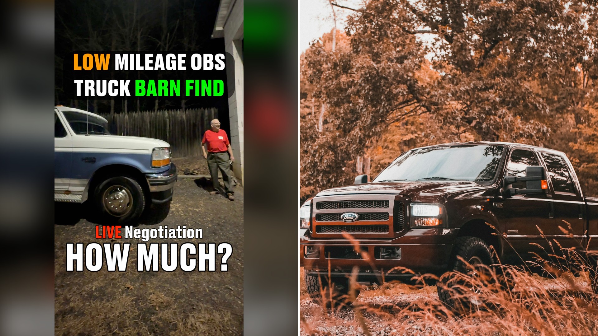 Split image with the cover of @georgesavestheworld's TikTok video, where an older man in a red shirt stands beside a white and blue Ford truck under the words 'LOW MILEAGE OBS TRUCK BARN FIND' and 'LIVE Negotiation HOW MUCH?', on the left and an Unsplash photo by Tevin Campbell on the right showing a dark pickup truck parked among trees and tall grass