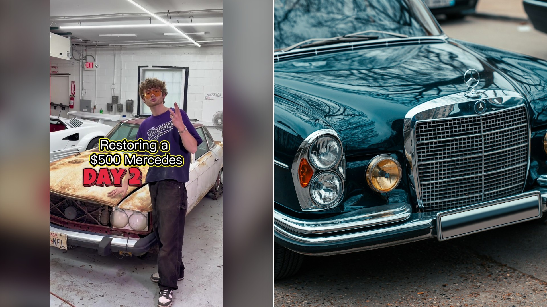 Split image with the cover of @dewesy's TikTok video, where he wears sunglasses and a purple shirt and stands in a garage beside a rusty white Mercedes under the words 'Restoring a $500 Mercedes DAY 2', on the left and an Unsplash photo by Eduardo Almeida on the right showing a blue Mercedes parked on the side of the road