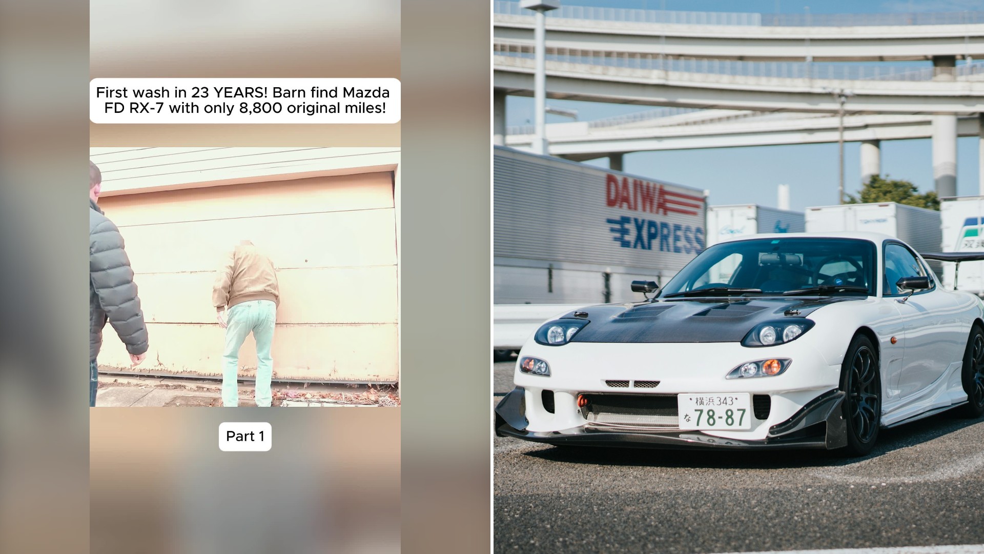 Split image with the cover of @hthtt429's TikTok video, where a man in a jacket stands facing a closed garage door next to another man under the words 'First wash in 23 YEARS! Barn find Mazda FD RX-7 with only 8,800 original miles!', on the left and an Unsplash photo by Andrew Akabane on the right showing a white Mazda RX-7 parked in a lot