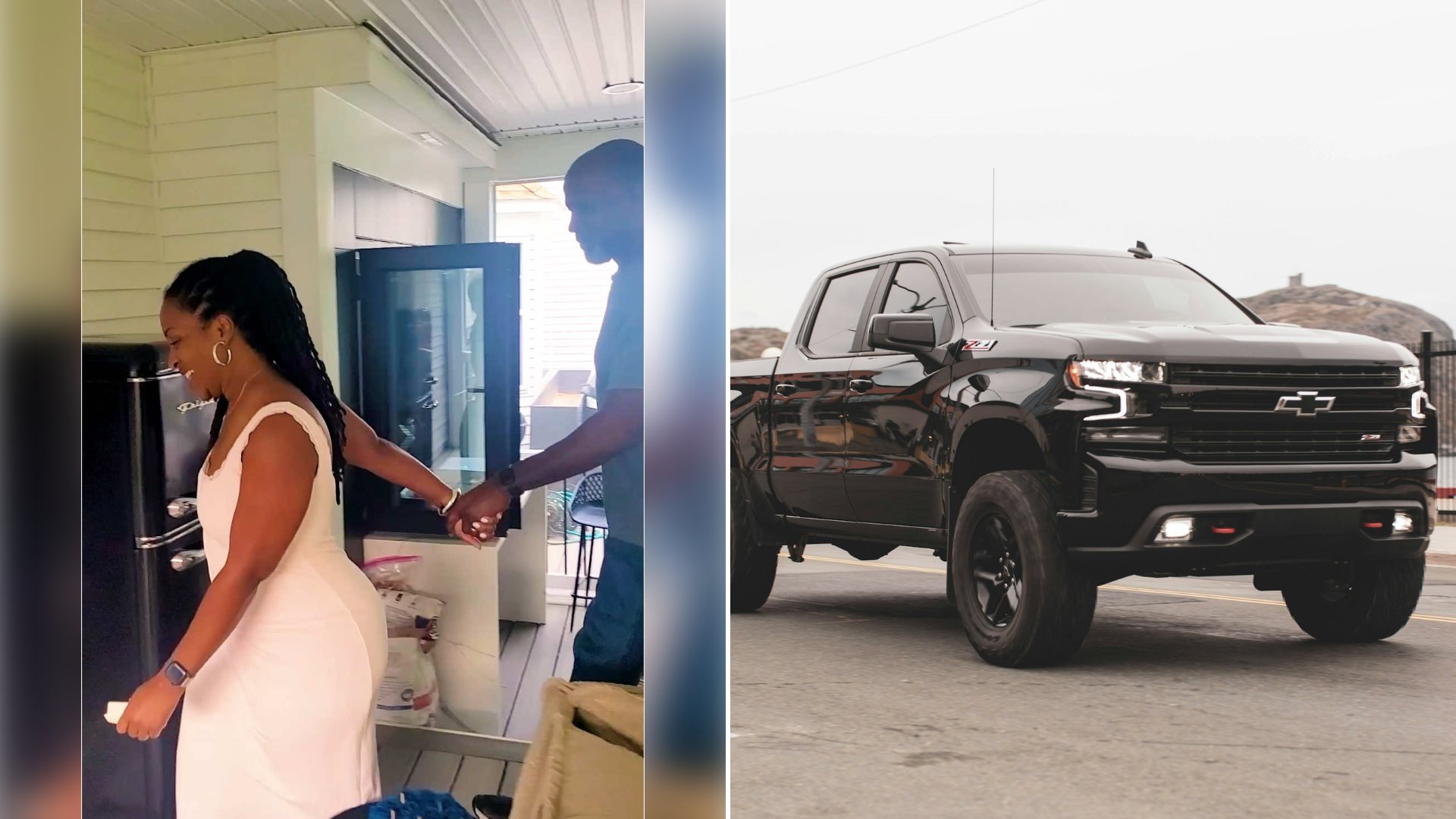Left: cover still from a TikTok video by @jenntardy. Right: Black Chevrolet single-cab pickup truck parked on gray sand (Unsplash photo by Jonathan Cooper).