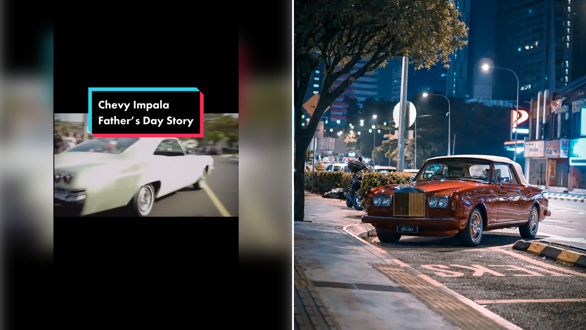 Left: cover still from a TikTok video by @rev_muscle_cars. Right: A classic red coupe parked beside the curb (Unsplash photo by Fawazlul Rizqi).