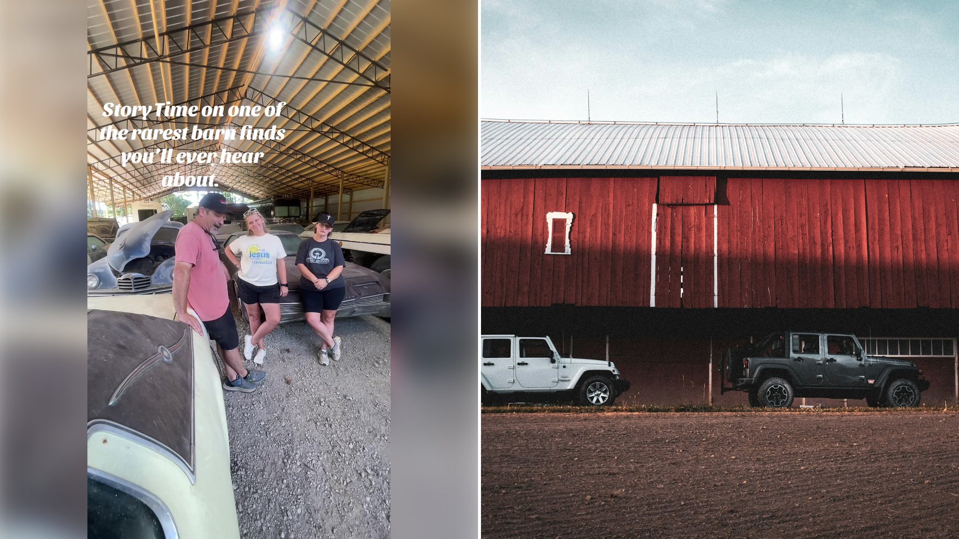 Left: cover still from a TikTok video by @rickyeasley. Right: White and black classic cars parked beside a red building (Unsplash photo by Brian Erickson).