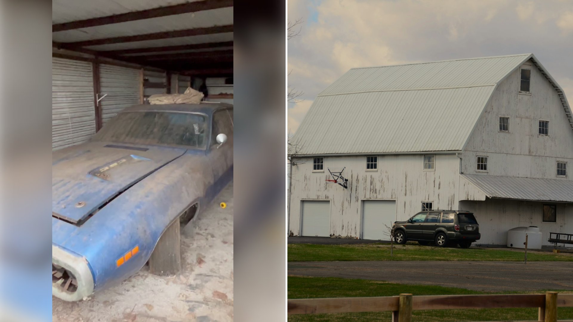 Left: cover still from a TikTok video by @backyardbarnfinds. Right: An older car parked outside a white barn (Unsplash photo by Roger Starnes Sr).