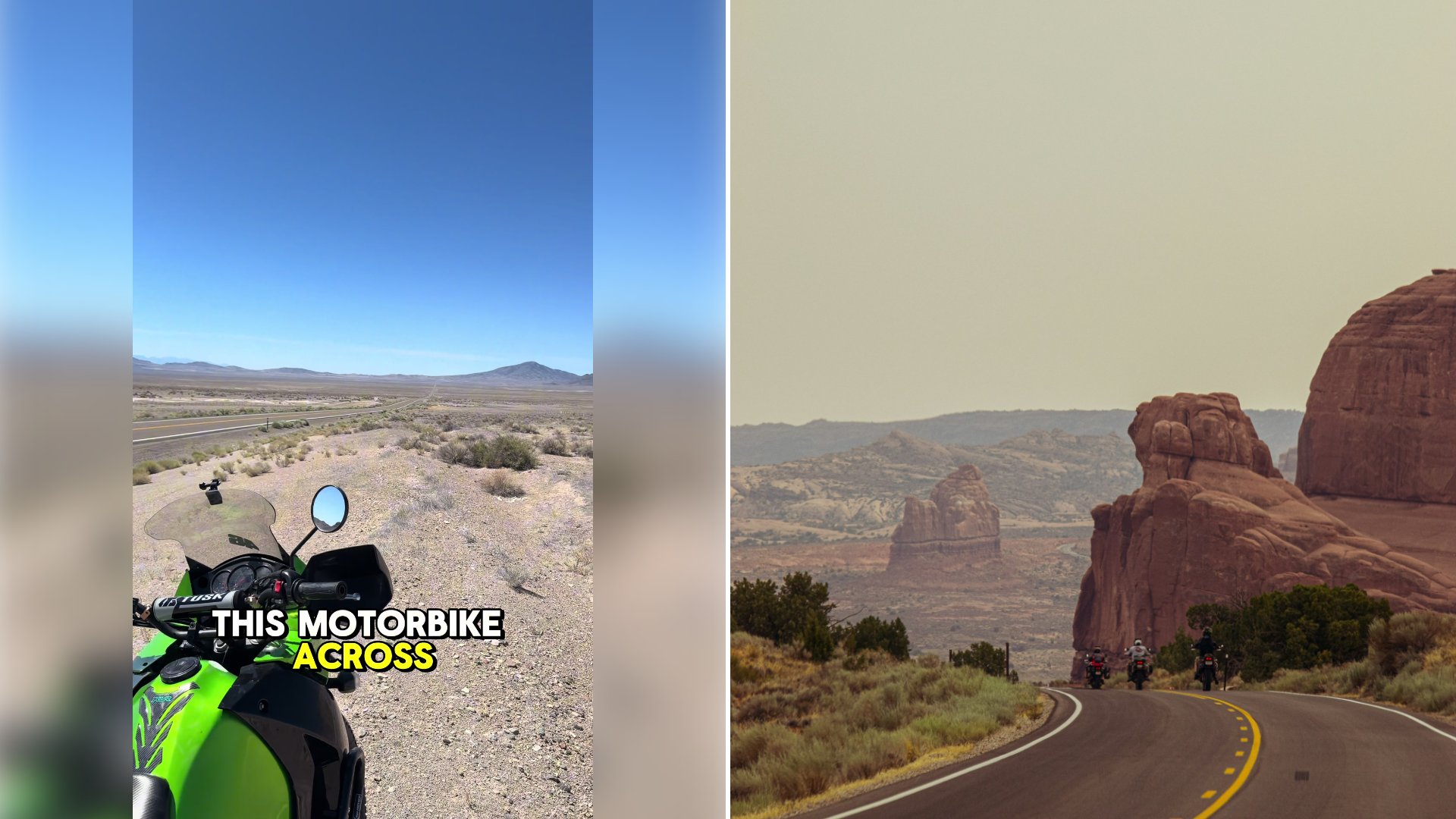 Left: cover still from a TikTok video by @scottyfairno. Right: Motorcyclists on a desert road between red rock formations in Utah (Unsplash photo by Brittney Watson).