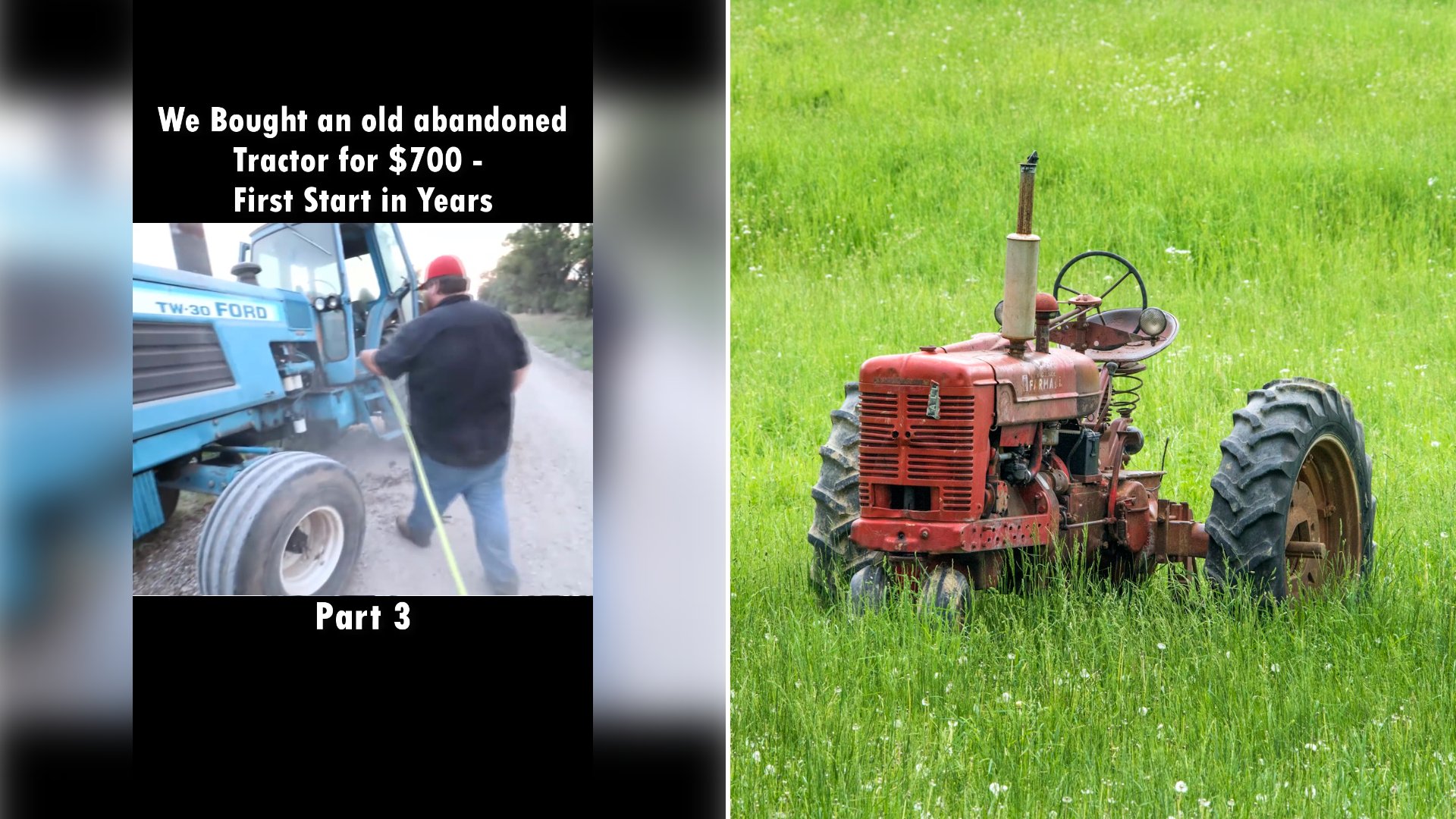Left: cover still from a TikTok video by @fanswestenchamplin. Right: Old red tractor left sitting in a grass field (Unsplash photo by Randy Fath).