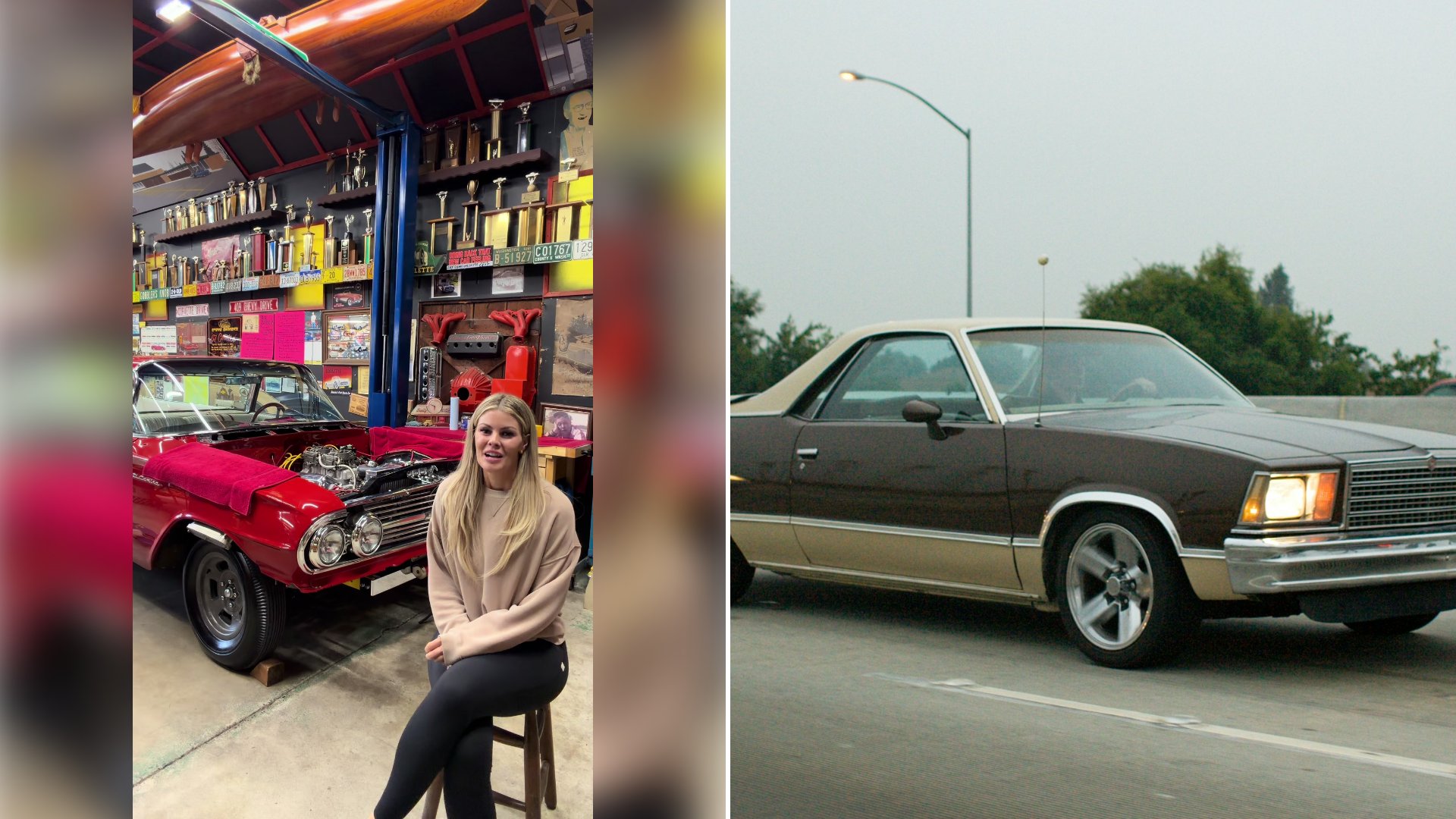 Left: cover still from a TikTok video by @classiccarsisters. Right: Brown and tan El Camino driving on a highway (Unsplash photo by Dan Williams).