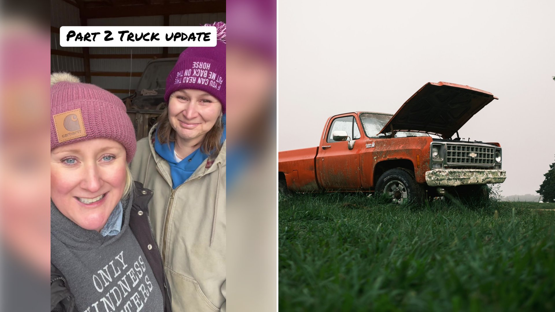 Left: cover still from a TikTok video by @jeanne.n.a.bottle. Right: Rusty orange vintage Chevrolet pickup with its hood open in a grassy field (Unsplash photo by Damian Kamp).