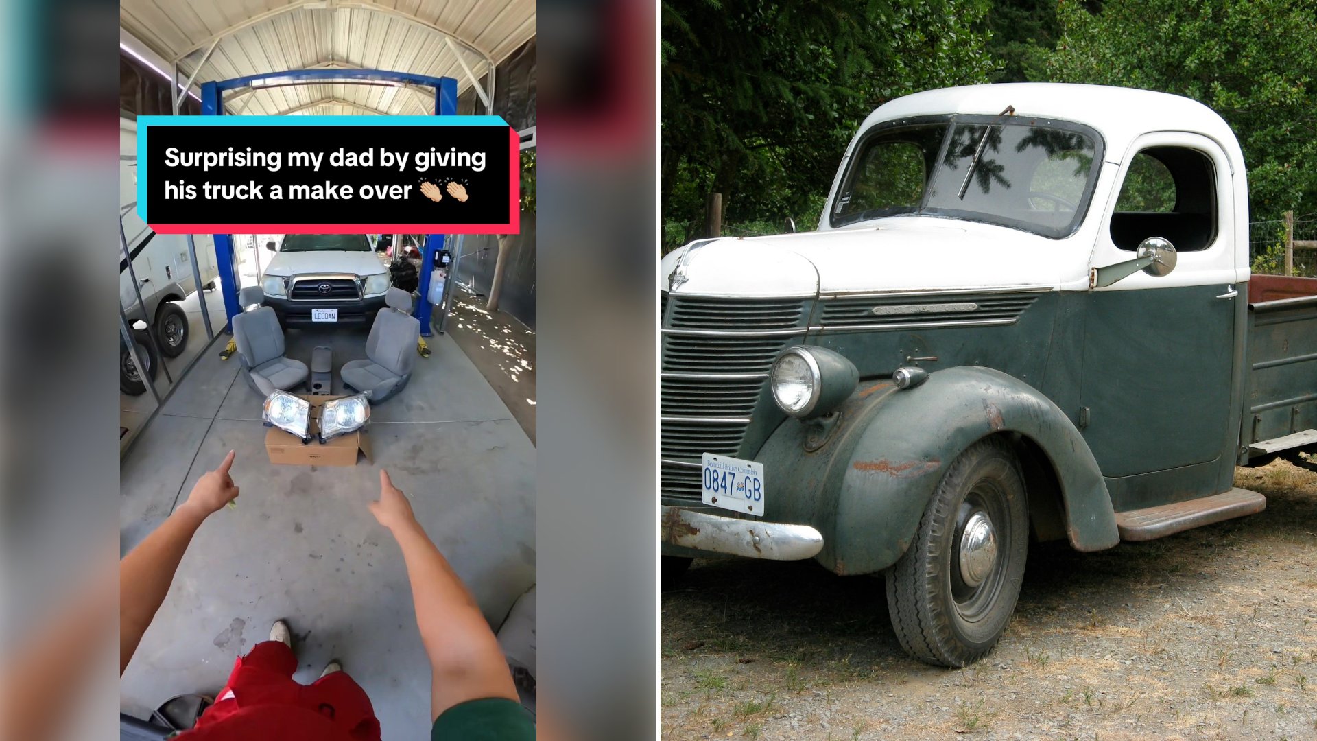 Left: cover still from a TikTok video by @leodanoriginal. Right: Parked white and grey vintage pickup truck (Unsplash photo by LC Rebelo).