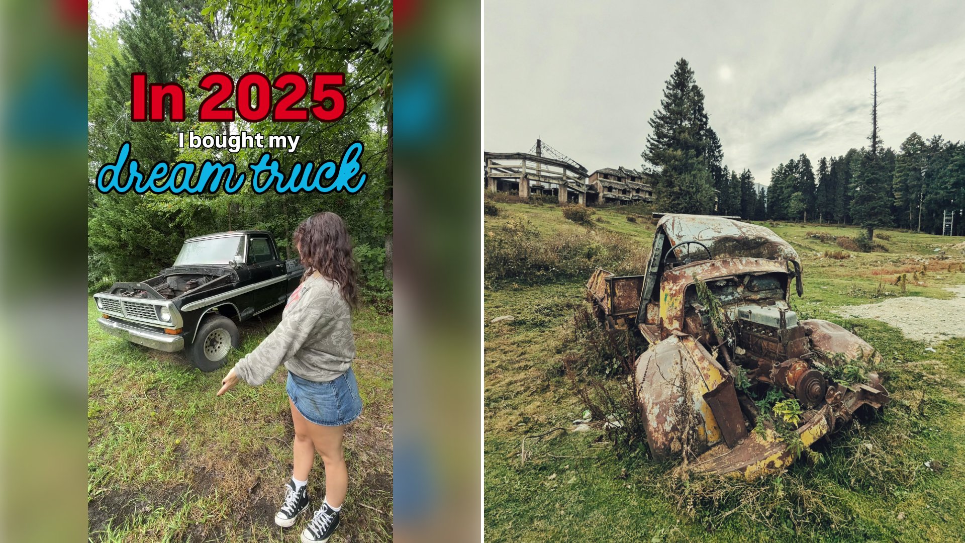 Left: cover still from a TikTok video by @juliabrookee. Right: A rusted vintage pickup truck abandoned in a grassy field near a ruined building and pine trees (Unsplash photo by Vikas Lone).