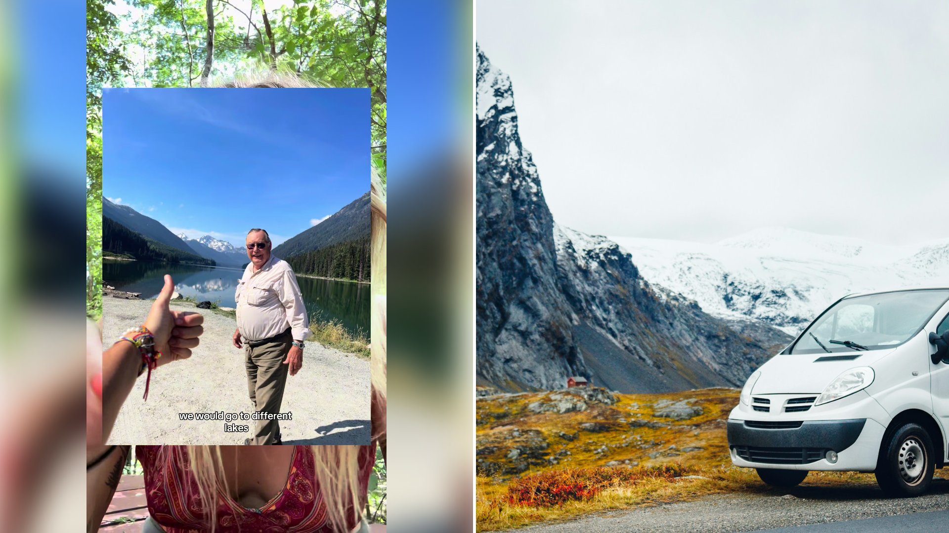 Left: cover still from a TikTok video by @yogirl_rin. Right: White camper van parked near a mountain (Unsplash photo by Johannes Andersson).