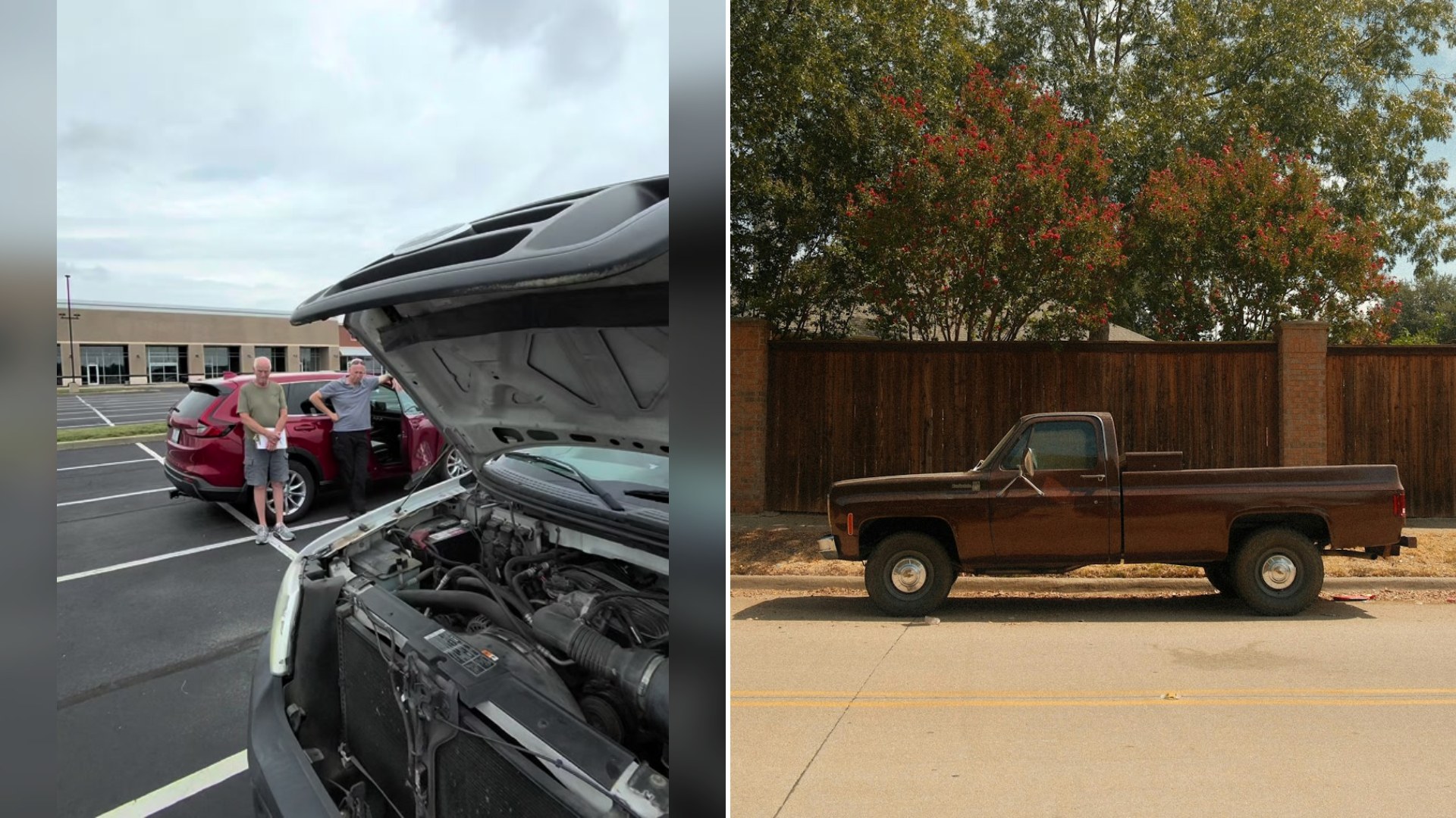 Cover of @flipfor4rcks's TikTok video (left) beside an Unsplash photo by Abhishek Mamidipally of a brown pickup truck parked on a street beside a wooden fence (right).