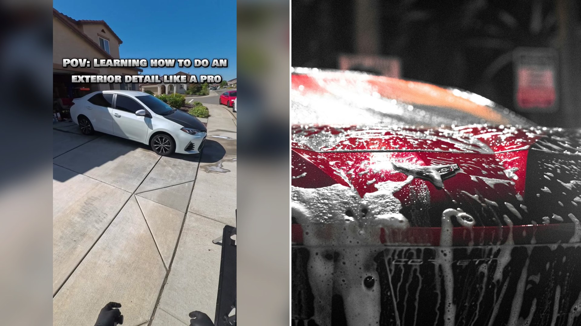 Cover of @timelesscardetailing_'s TikTok video (left) beside an Unsplash photo by Brian Lundquist of a Corvette C8 covered in soap (right).