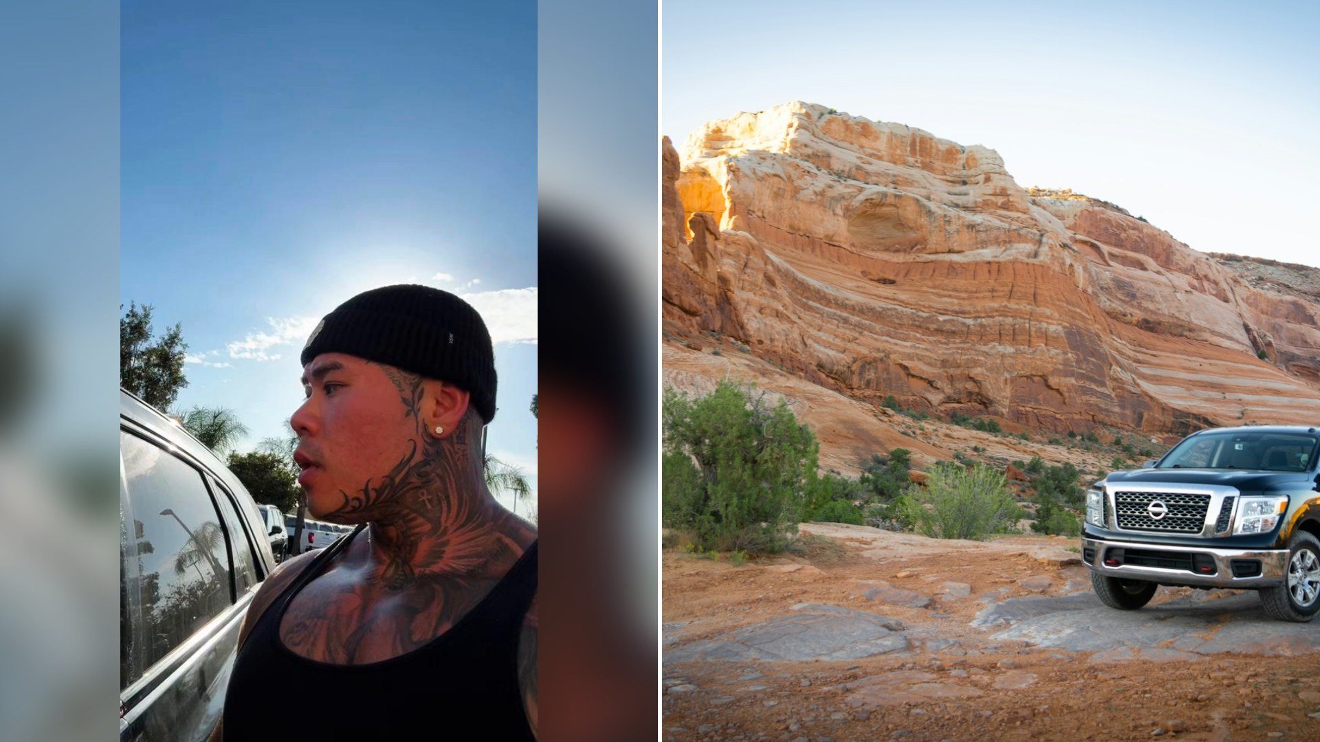 Cover of @kevtrainhard's TikTok video (left) beside an Unsplash photo by Mike Newbry of a black truck parked in front of a mountain (right).