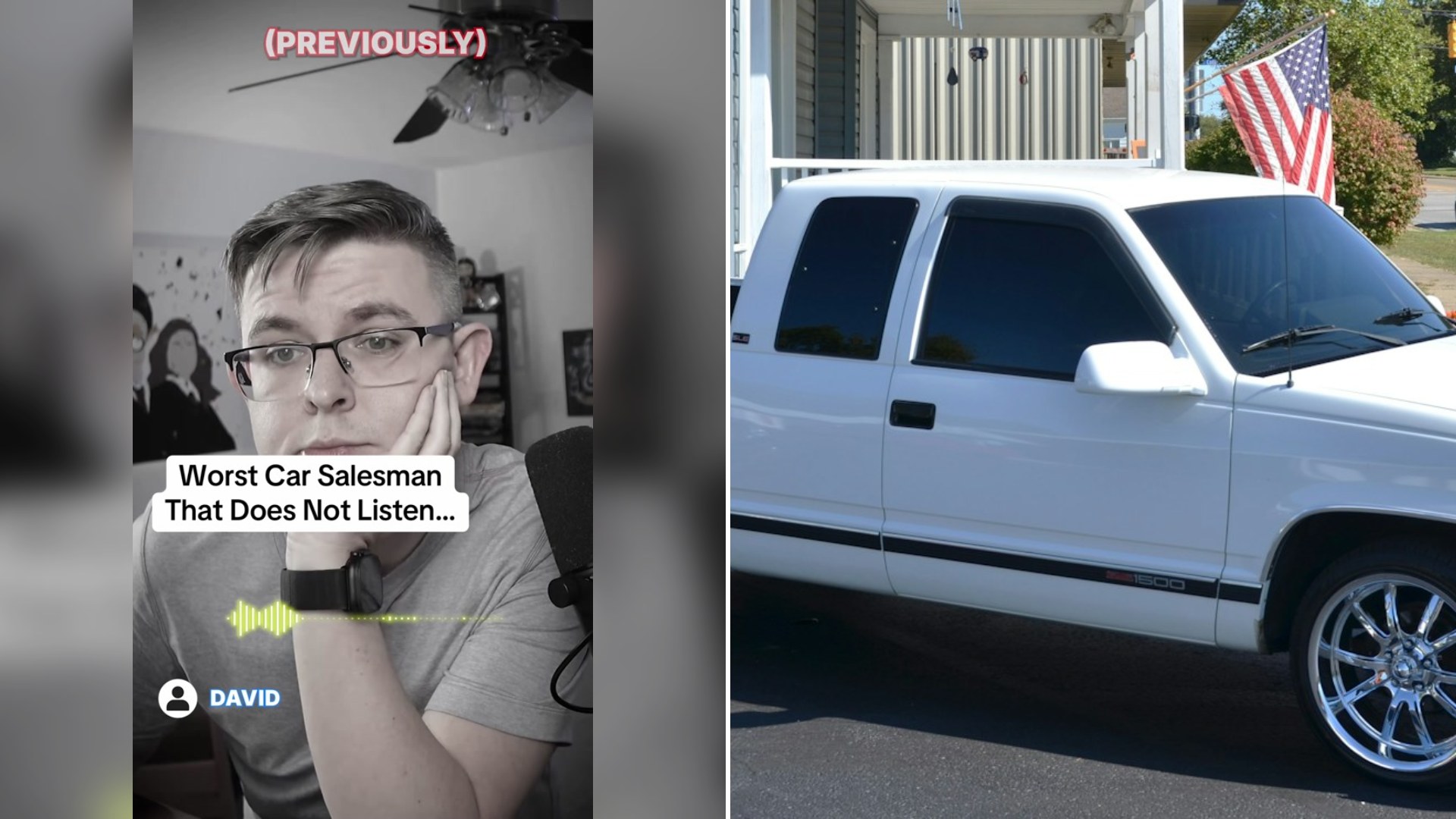 Cover of @tomislavmikula's TikTok video (left) beside an Unsplash photo by Roger Starnes Sr of a white GMC pickup truck with custom rims parked (right).