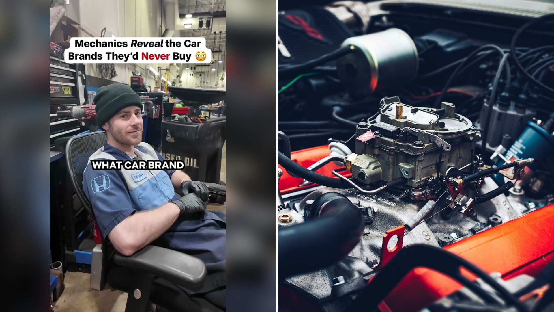 Cover of @brandon_honda's TikTok video (left) beside an Unsplash photo by Alex Marc Wagner of a close up of a car engine (right).
