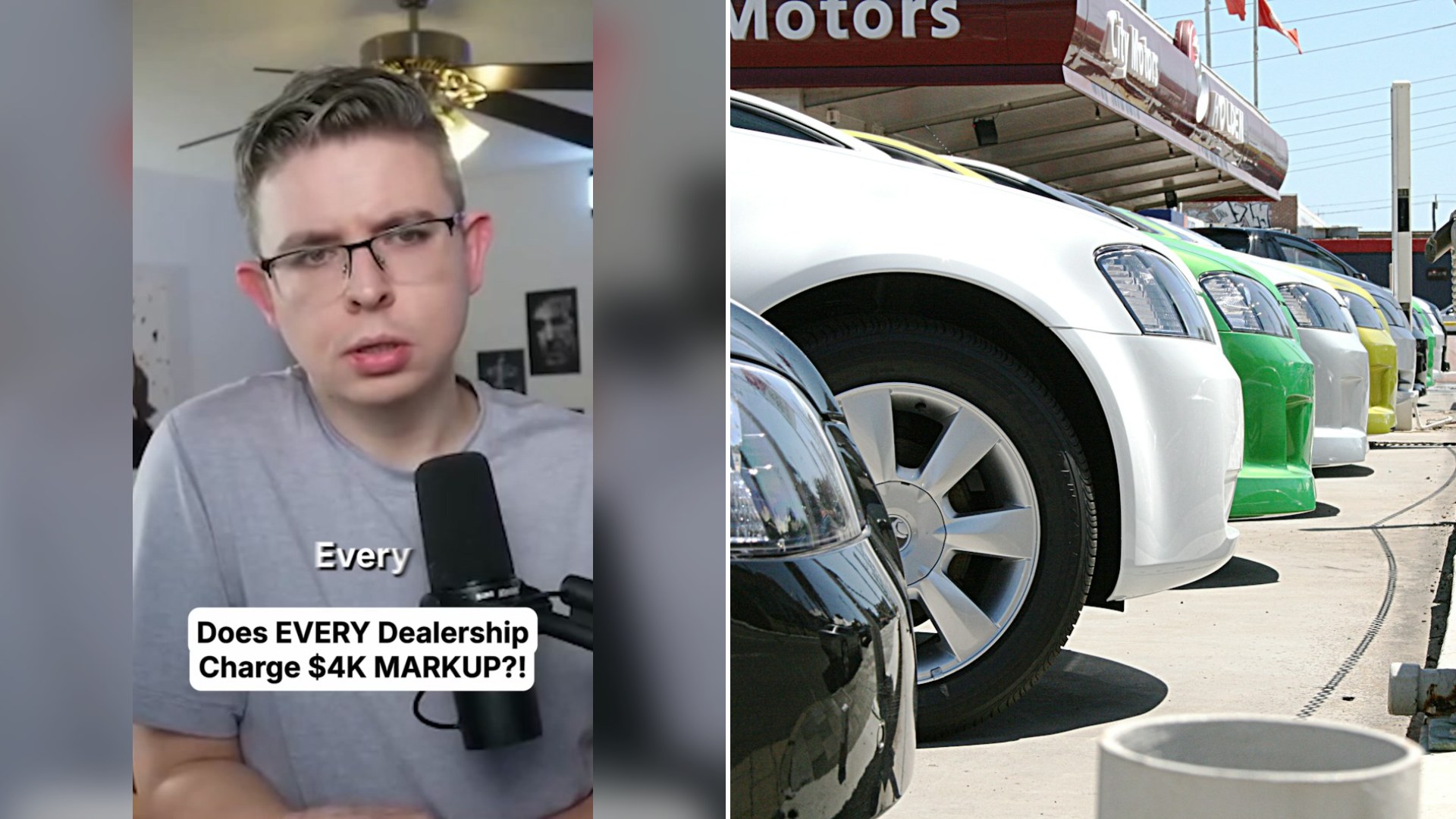 Cover of @tomislavmikula's TikTok video (left) beside an Unsplash photo by Vaughan Willis of a new car dealership around the corner from where he works (right).