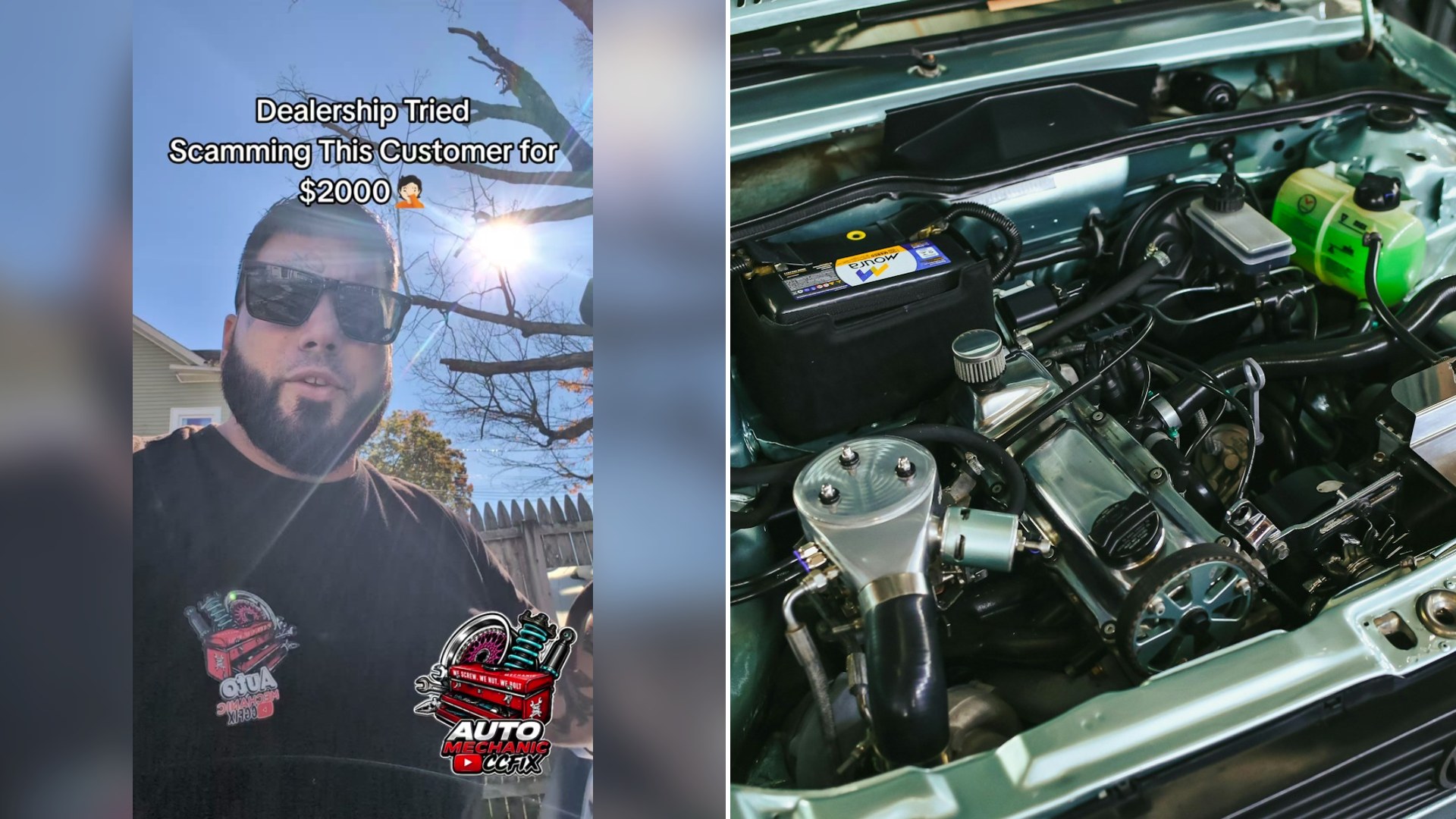 Cover of @cgmerkz's TikTok video (left) beside an Unsplash photo by Laura Oliveira of a close-up view of a car engine compartment (right).