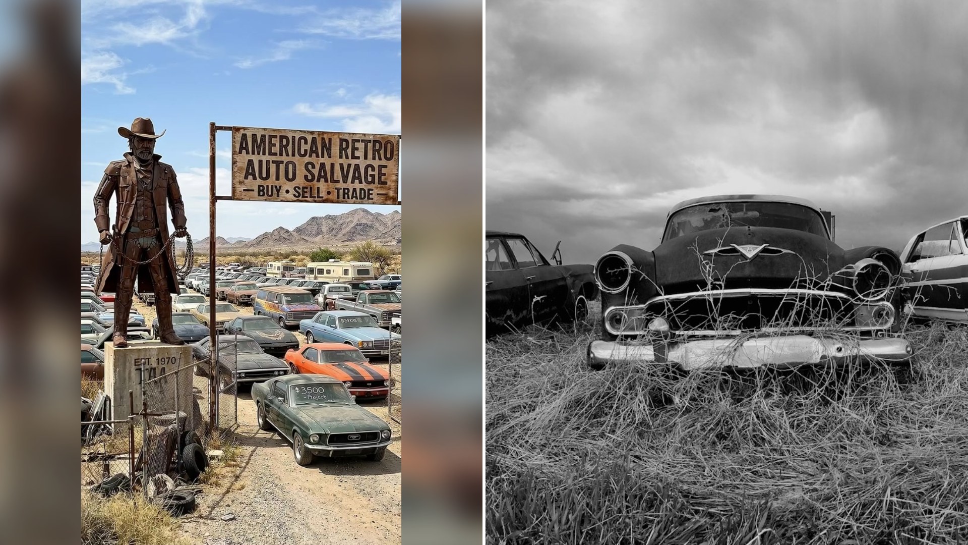 Cover of @cutenessoverload491's TikTok video (left) beside an Unsplash photo by sawyer of a black and white photo of old cars in a field (right).