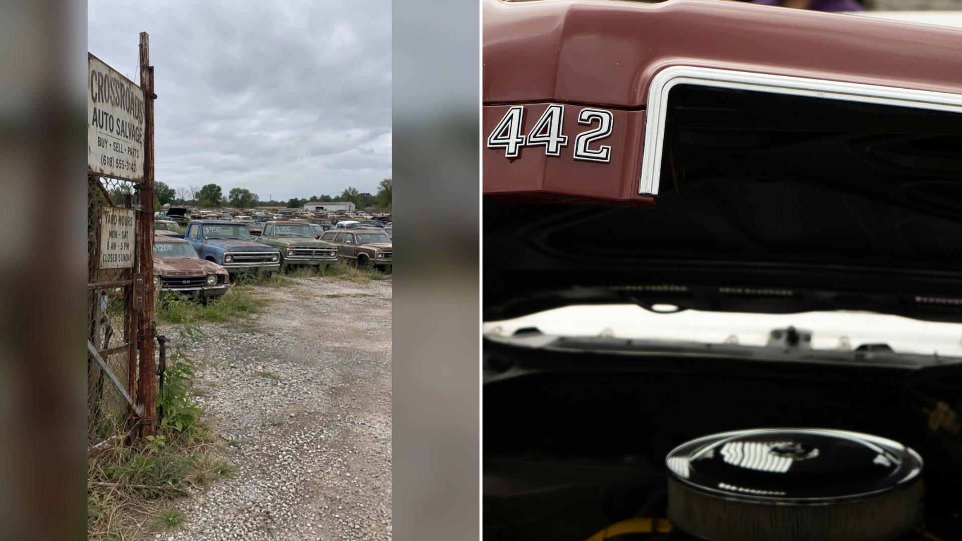 Cover of @lostplaces35's TikTok video (left) beside an Unsplash photo by Taylor Mortin of an Oldsmobile 442 (right).