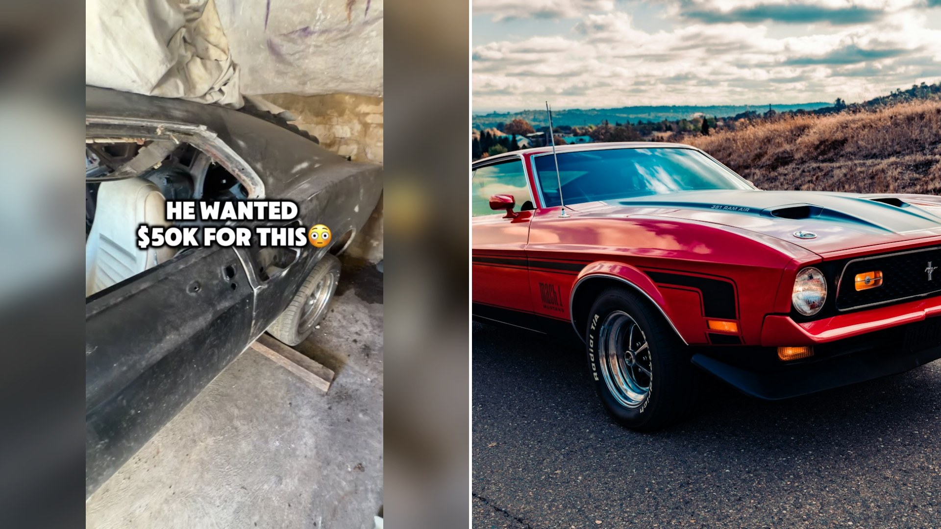 Cover of @bobevansclassics's TikTok video (left) beside an Unsplash photo by Meritt Thomas of a 1972 Ford Mustang Mach 1 (right).