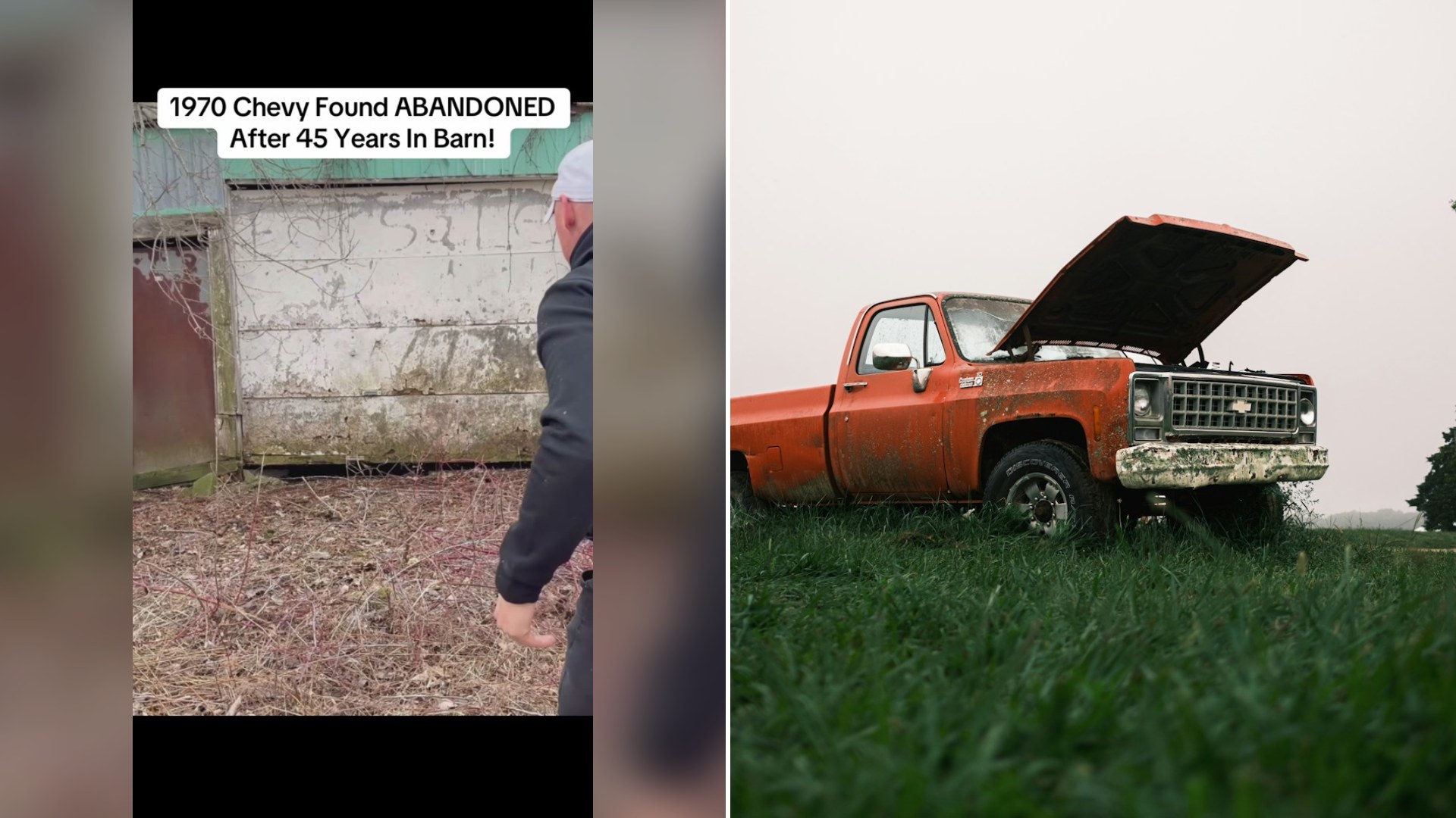 Cover of @wddetailing's TikTok video (left) beside an Unsplash photo by Damian Kamp of an abandoned vintage Chevrolet pickup truck in a grassy field along Route 66 near Laquey, Missouri, hood raised (right).