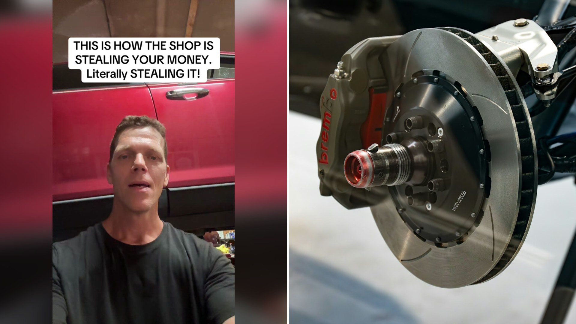 Cover of @mainly_mechanics's TikTok video (left) beside an Unsplash photo by Toby Hall of a car brake rotor (right).