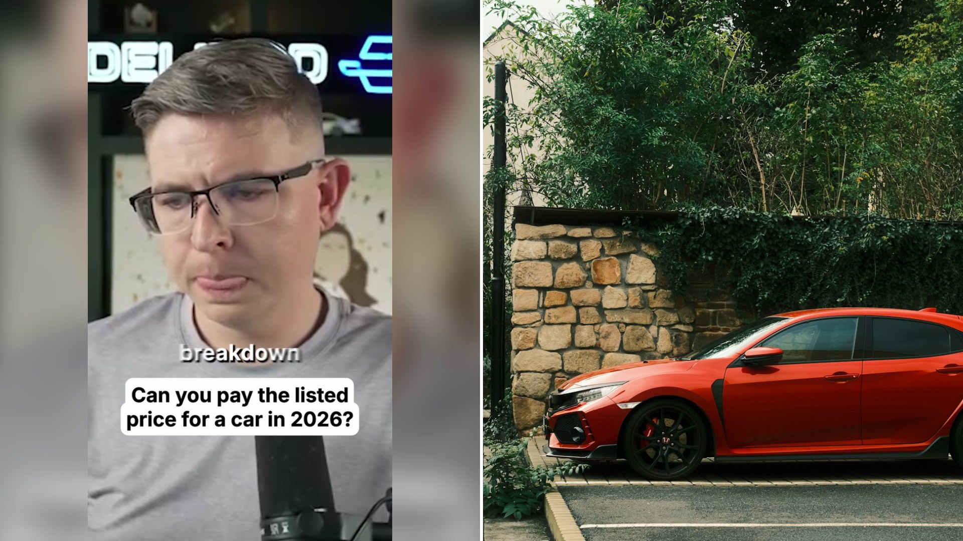 Cover of @tomislavmikula's TikTok video (left) beside an Unsplash photo by Roman of a Honda Civic Type R (right).