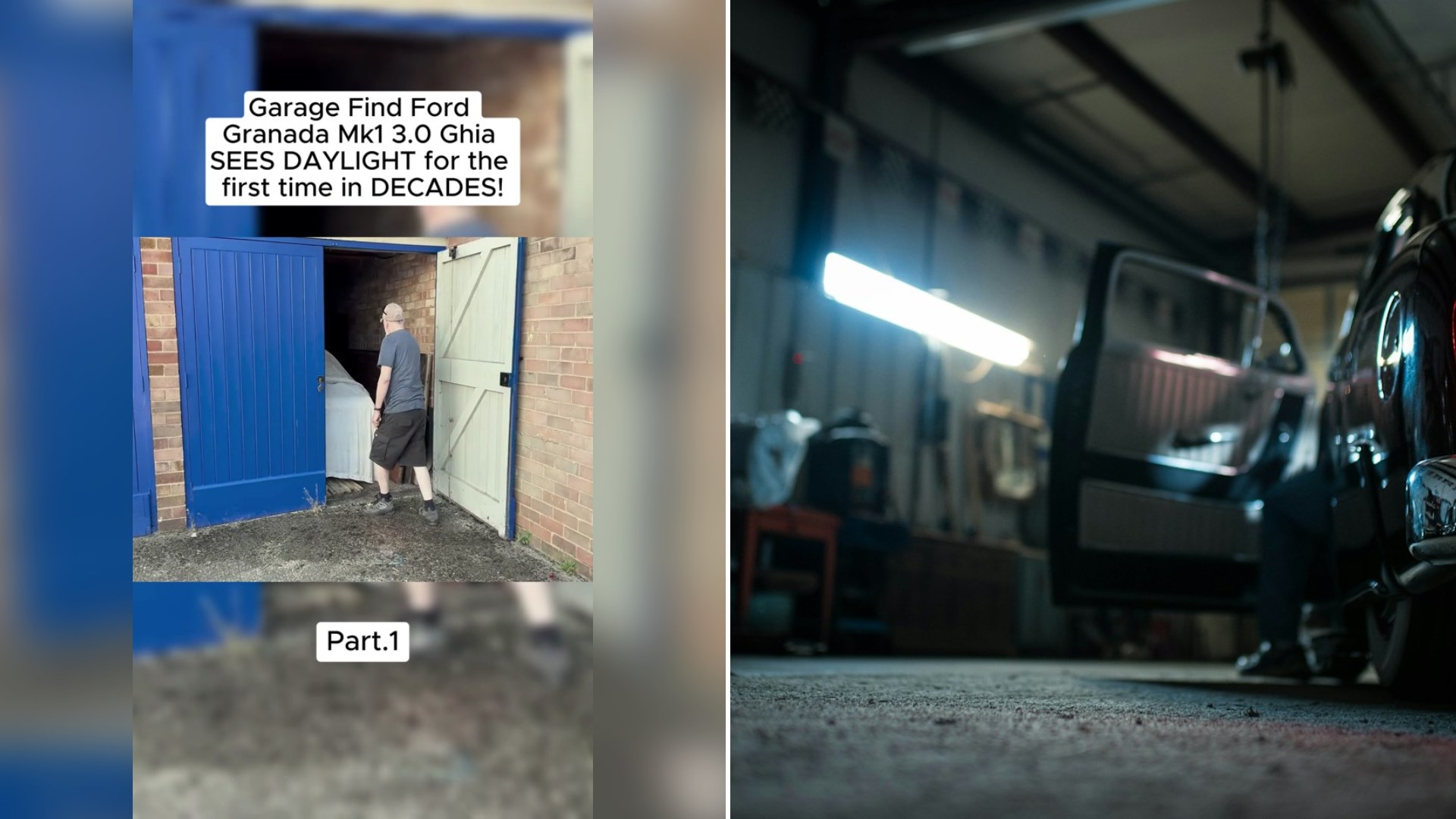 Cover of @ros.lenard's TikTok video (left) beside an Unsplash photo by Logan Meis of a vintage car garage (right).
