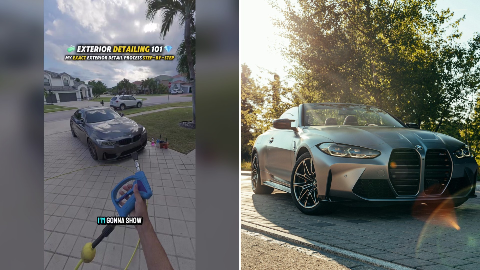 Cover of @sealsuds's TikTok video (left) beside an Unsplash photo by Tim Meyer of a BMW M4 on a sunny summer day (right).