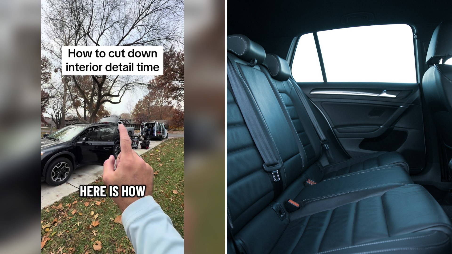 Cover of @renowneddetailing's TikTok video (left) beside an Unsplash photo by Erik Andersson of a black car seat (right).