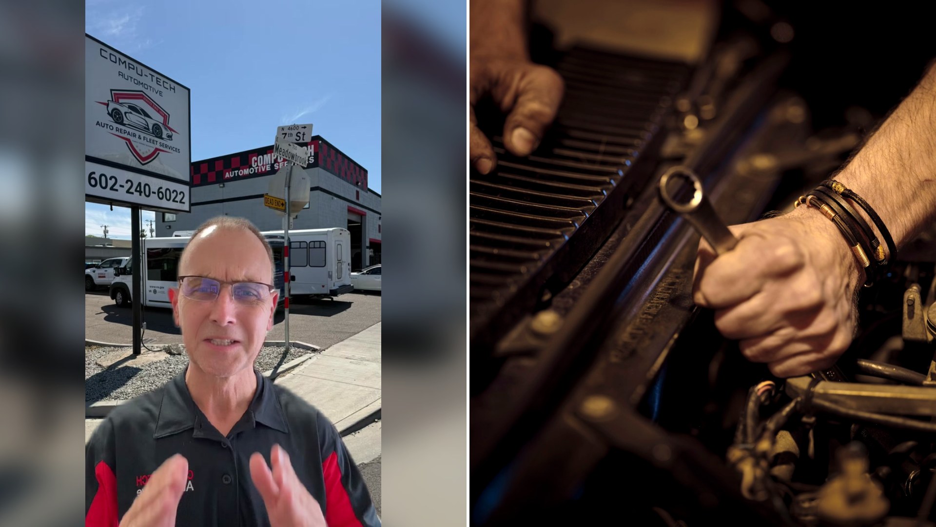 Cover of @computech.auto's TikTok video (left) beside an Unsplash photo by Christian Buehner of hands with grease working on a car engine with a metal wrench (right).