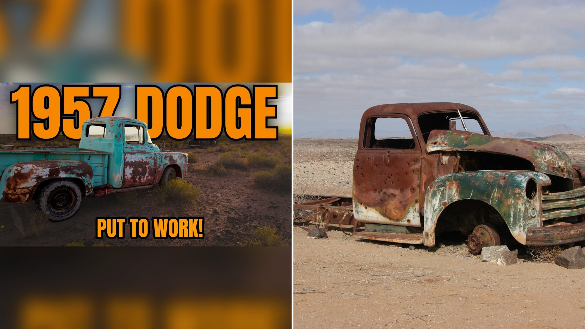 Thumbnail of the @AtomicEraMotors YouTube video (left) beside an Unsplash photo by Vicky Sim of a green rusted classic truck in the desert (right).
