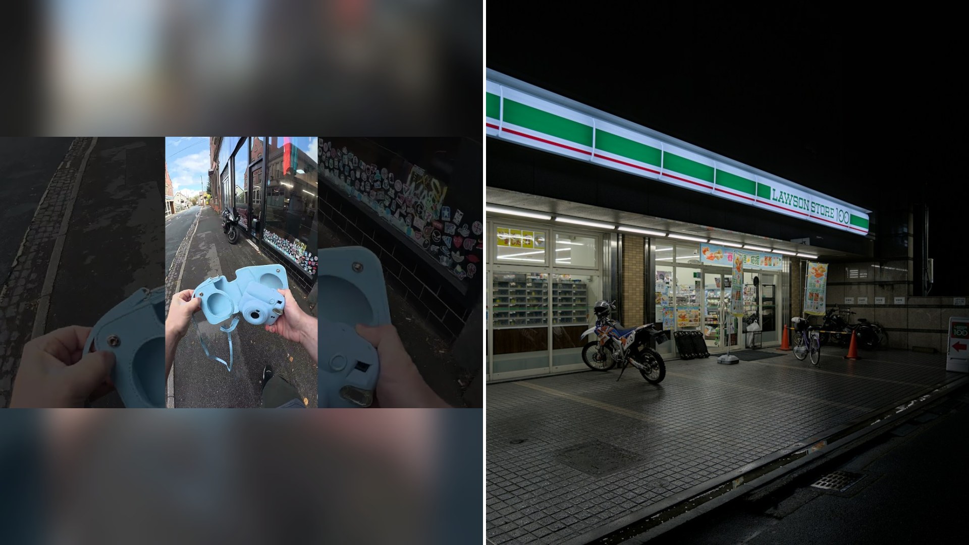 Thumbnail of the @tommyjuice-e YouTube video (left) beside an Unsplash photo by Julien of motorcycles parked outside an illuminated shop at night (right).