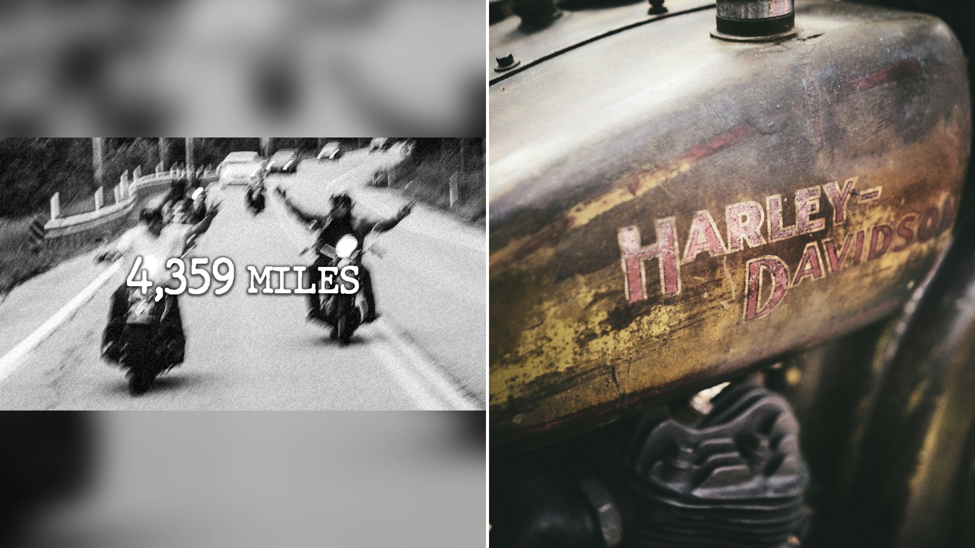 Thumbnail of the @imridingplaces YouTube video (left) beside an Unsplash photo by Bruno Kelzer of a brown Harley-Davidson motorcycle gas tank in shallow focus (right).