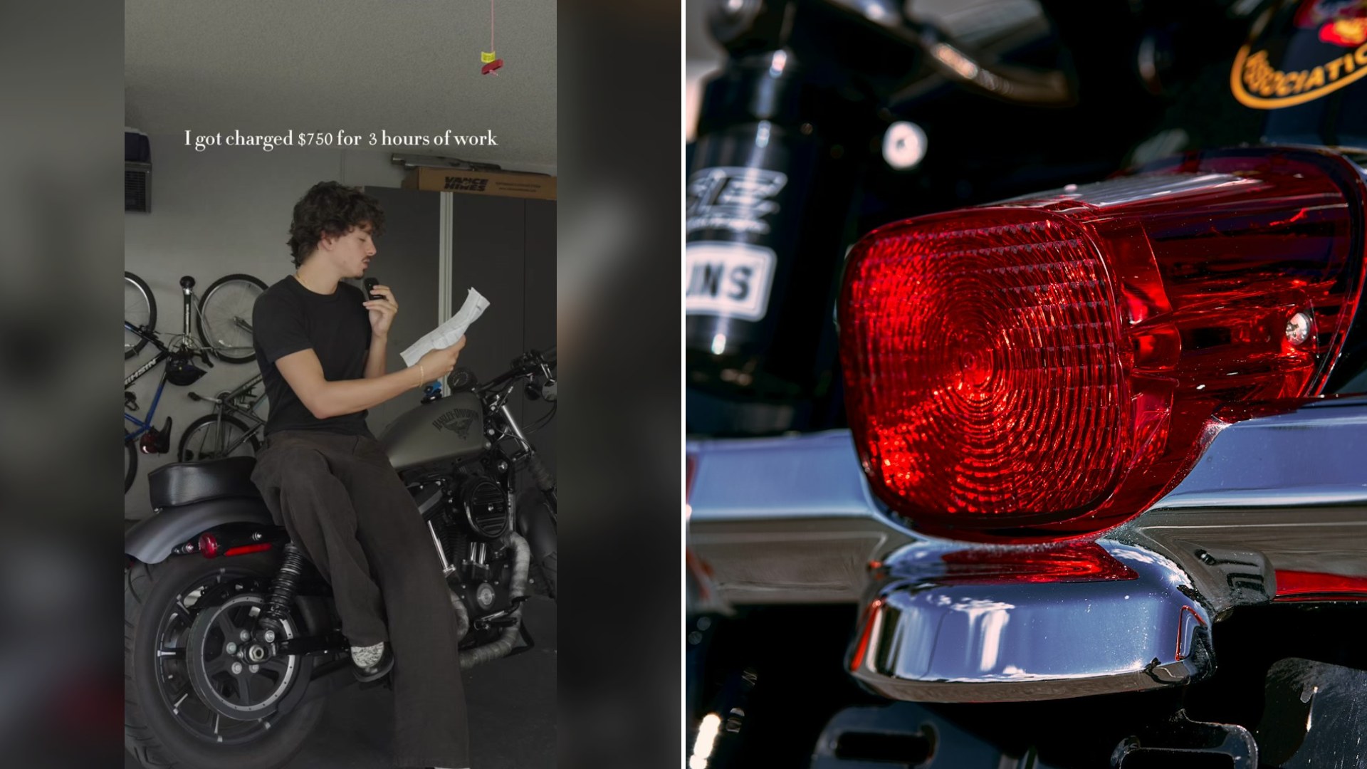 Cover of @andrew_rezman's TikTok video beside an Unsplash photo by Maxim Tolchinskiy of a red motorcycle taillight and turn signals on a chrome rear fender.