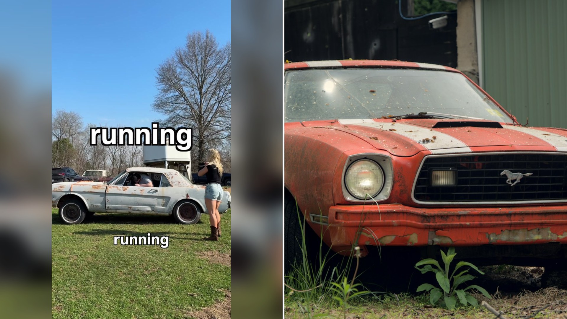 Cover of @madalyn.mac's TikTok video beside an Unsplash photo by Hasnain Sikora of an old, rusted red Ford Mustang parked outdoors.
