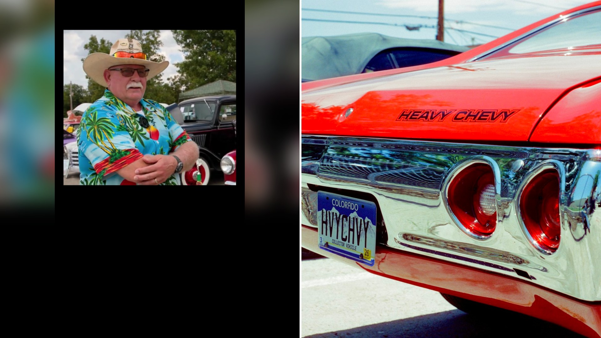 Cover of @289filmco's TikTok video beside an Unsplash photo by Elias GB of a red classic Chevrolet with a heavy chevy emblem.