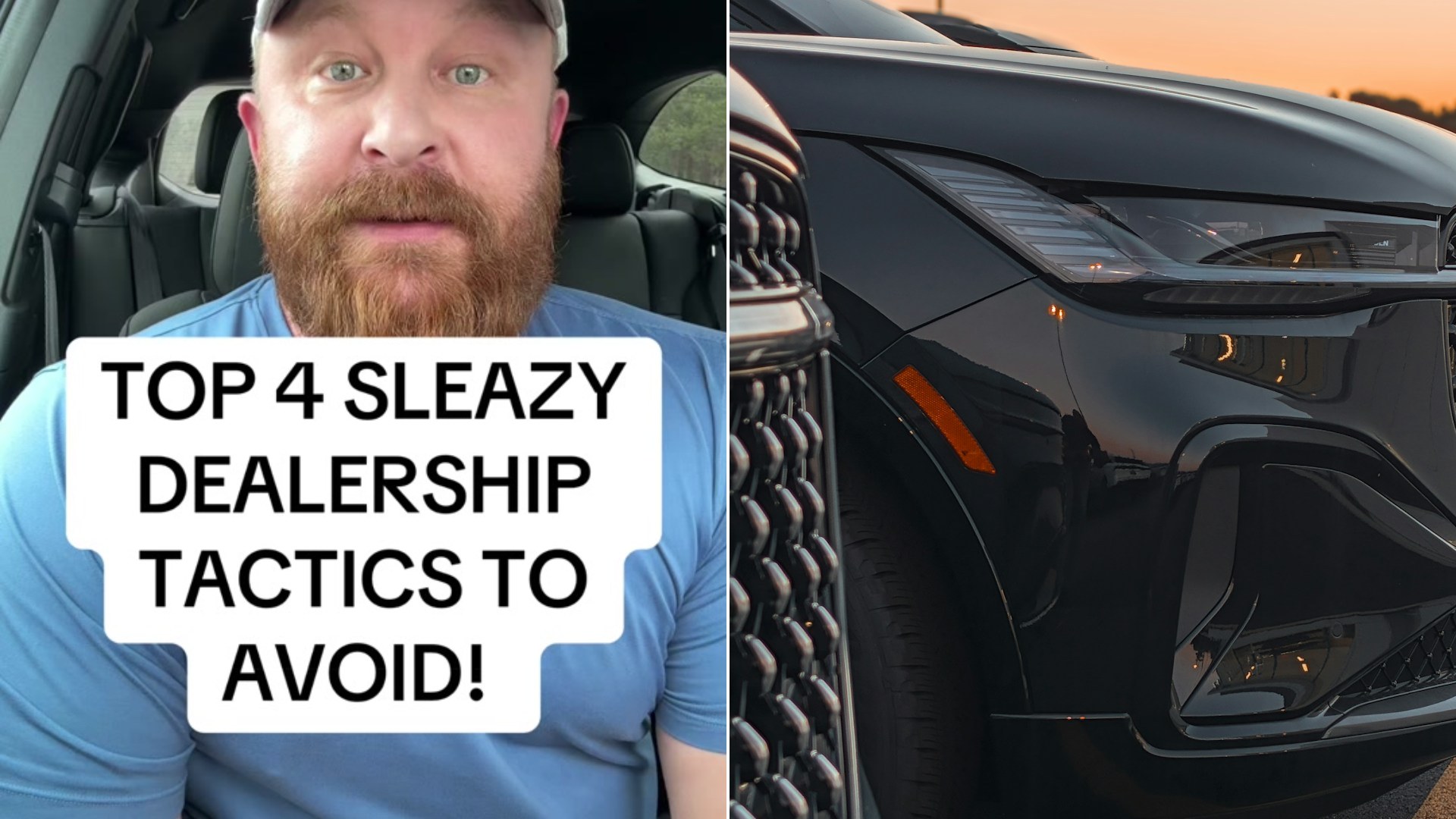 Cover of @billythecarkid's TikTok video beside an Unsplash photo by Obi of a row of dark SUVs parked on a dealership lot at dusk.