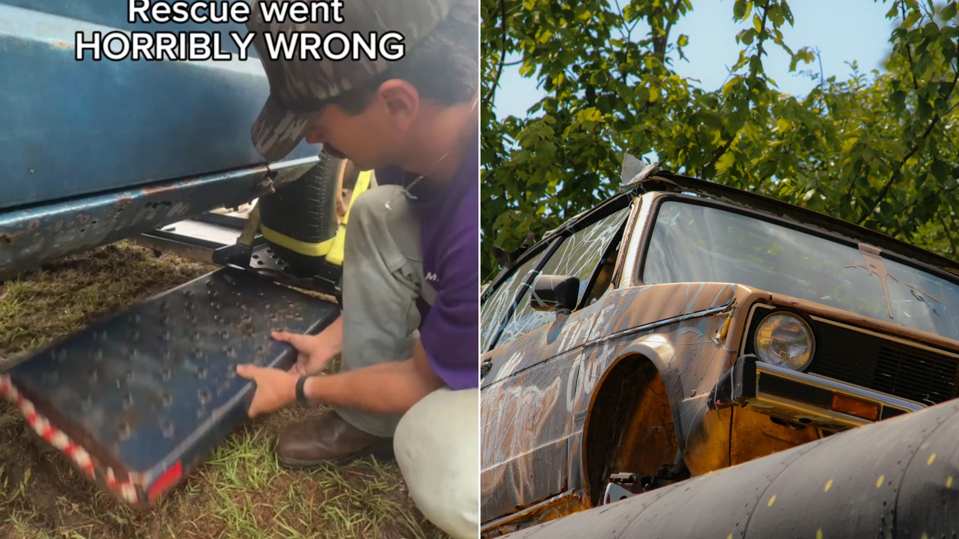 Cover of @oversteer____'s TikTok video beside an Unsplash photo by Mark Stuckey of a rusted old truck sitting on a trailer.