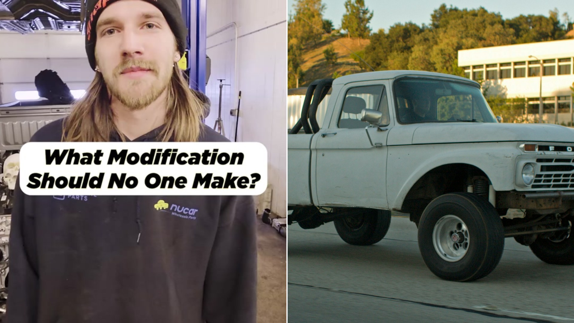 Cover of @nucargarage's TikTok video beside an Unsplash photo by Dan Williams of a white lifted pickup truck driving on a road