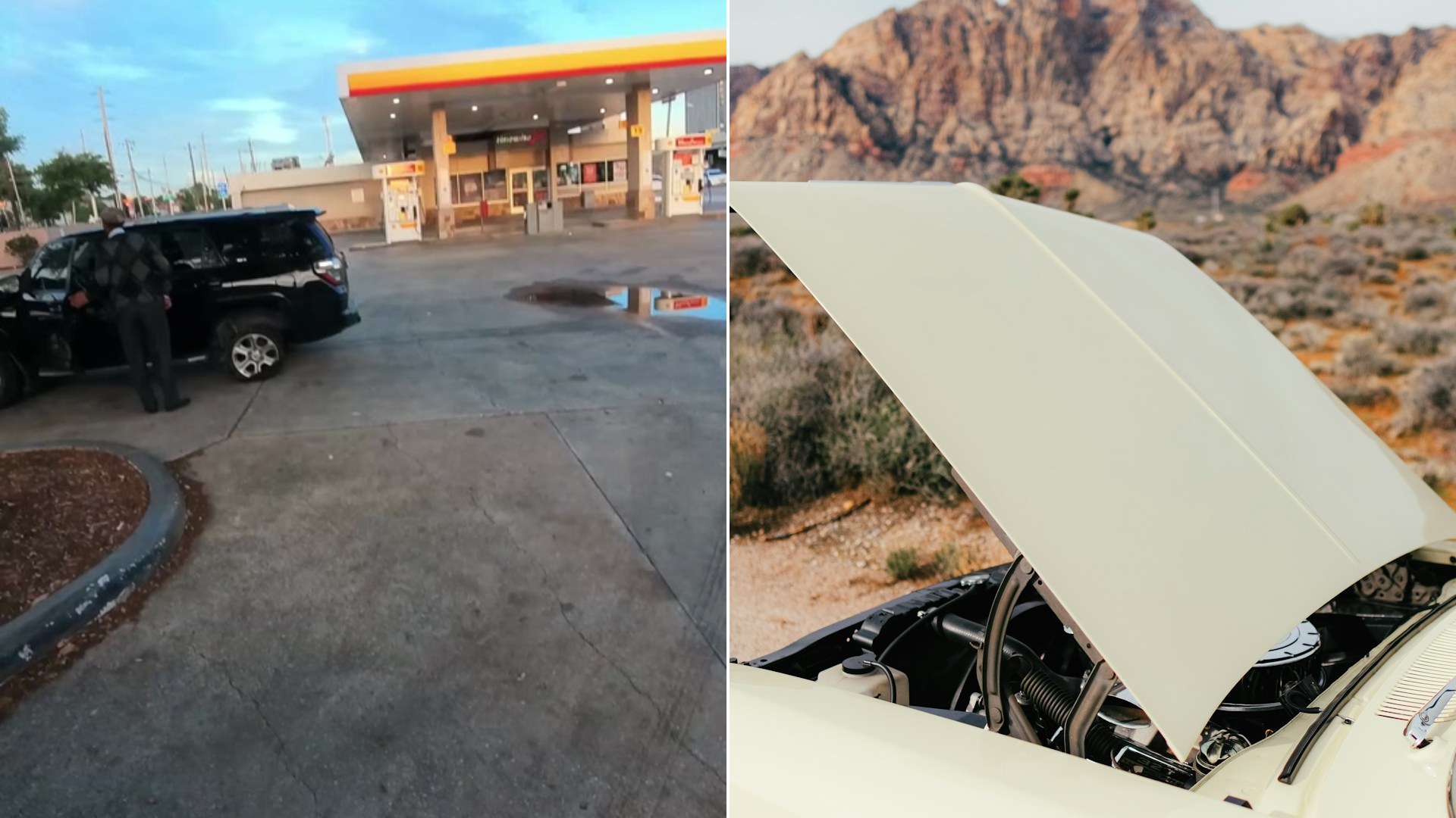 Cover of @theroadsidetech's TikTok video beside an Unsplash photo by Wesley Tingey of a car with its hood open in a desert landscape