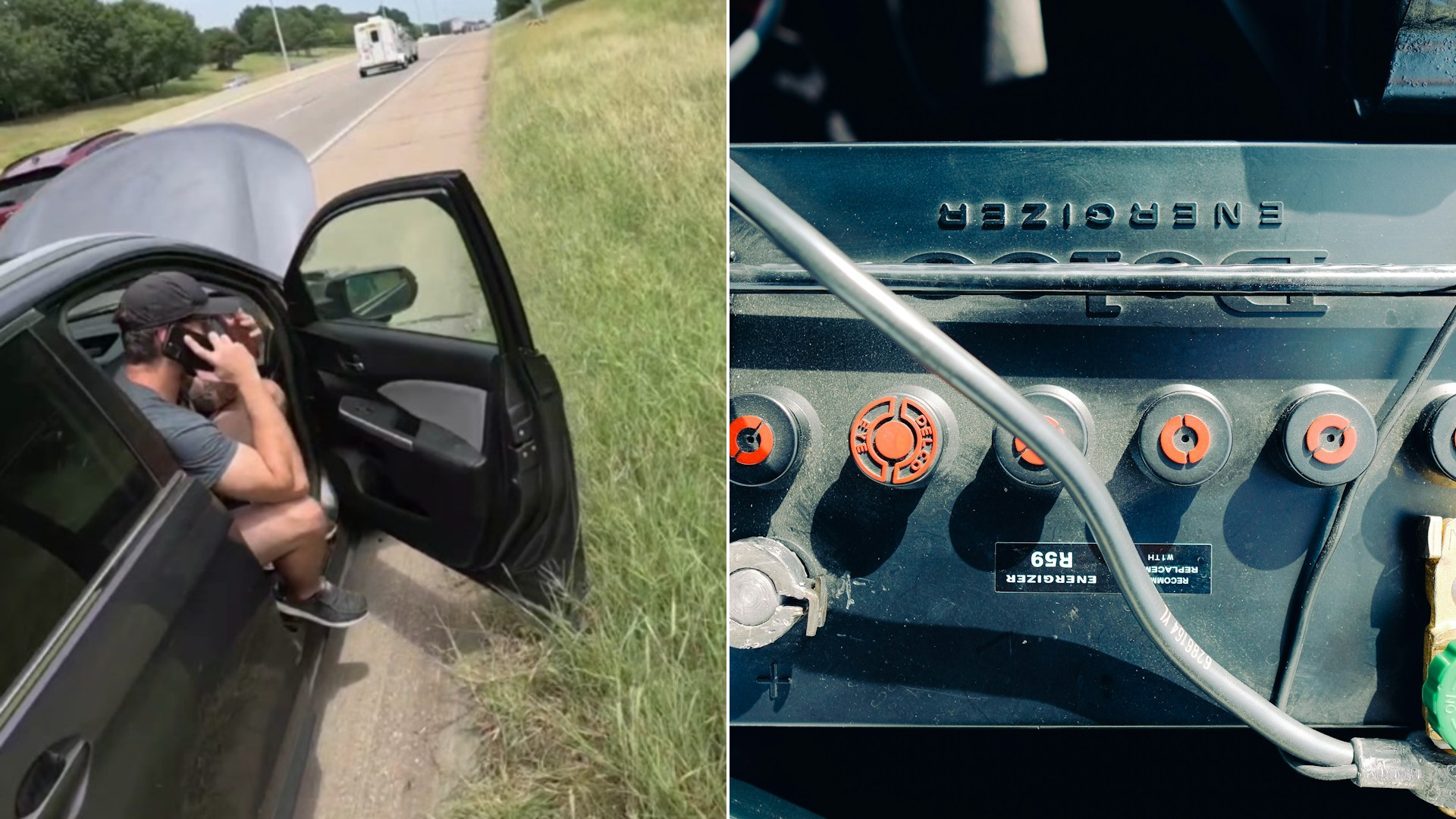 Cover of @mattthemechanic43's TikTok video beside an Unsplash photo by Wesley Tingey of a close-up of a car battery with wires connected