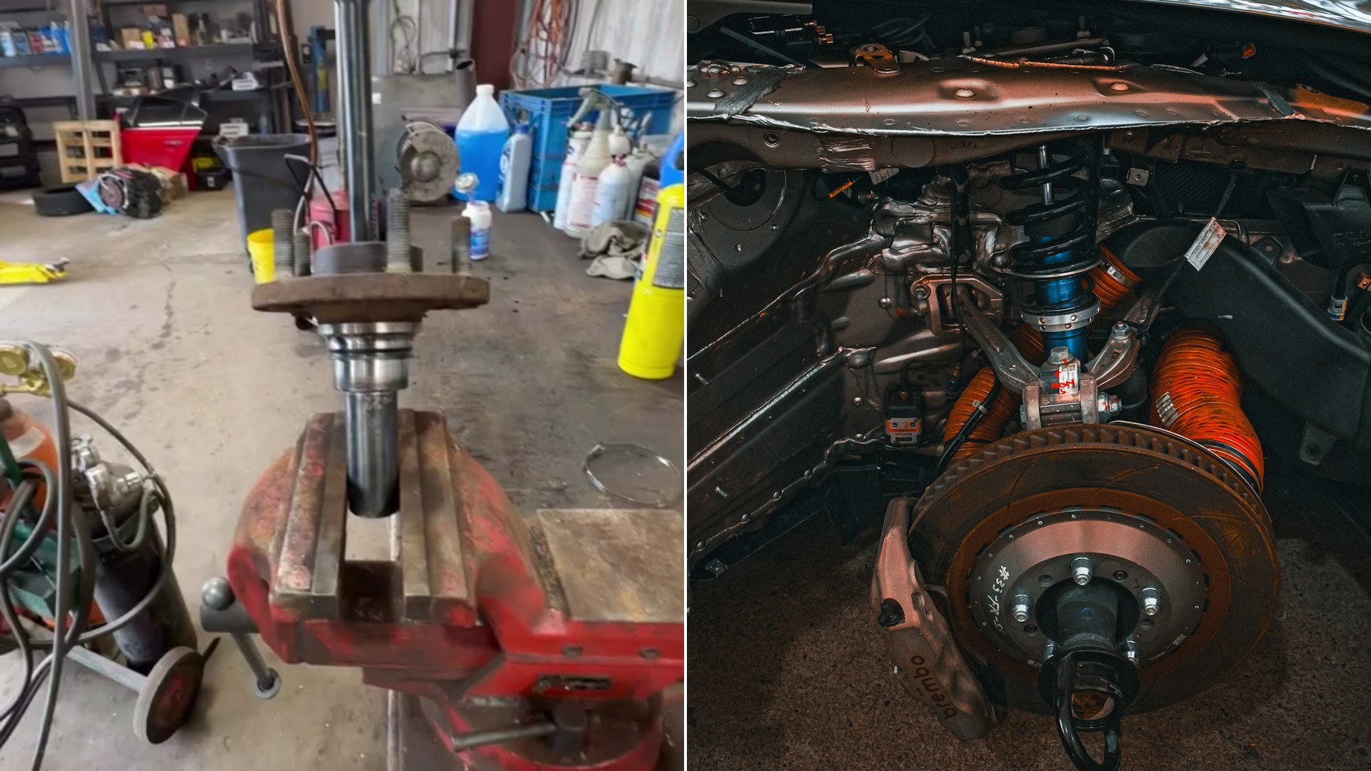 Cover of @talkingshop716's TikTok video beside an Unsplash photo by Bharat Vishawakarma of an exposed car front suspension and brake assembly