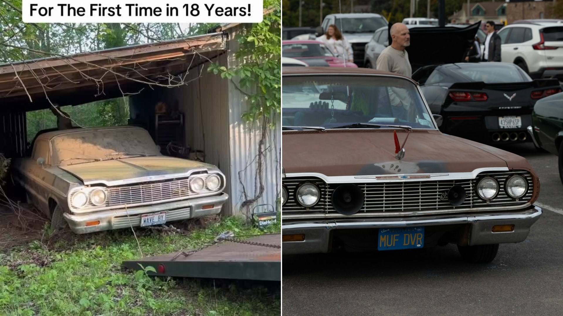 Cover of @wd.detailing's Instagram reel beside an Unsplash photo by Yubraj Khatri of a weathered vintage Chevrolet Impala with quad headlights at a car show
